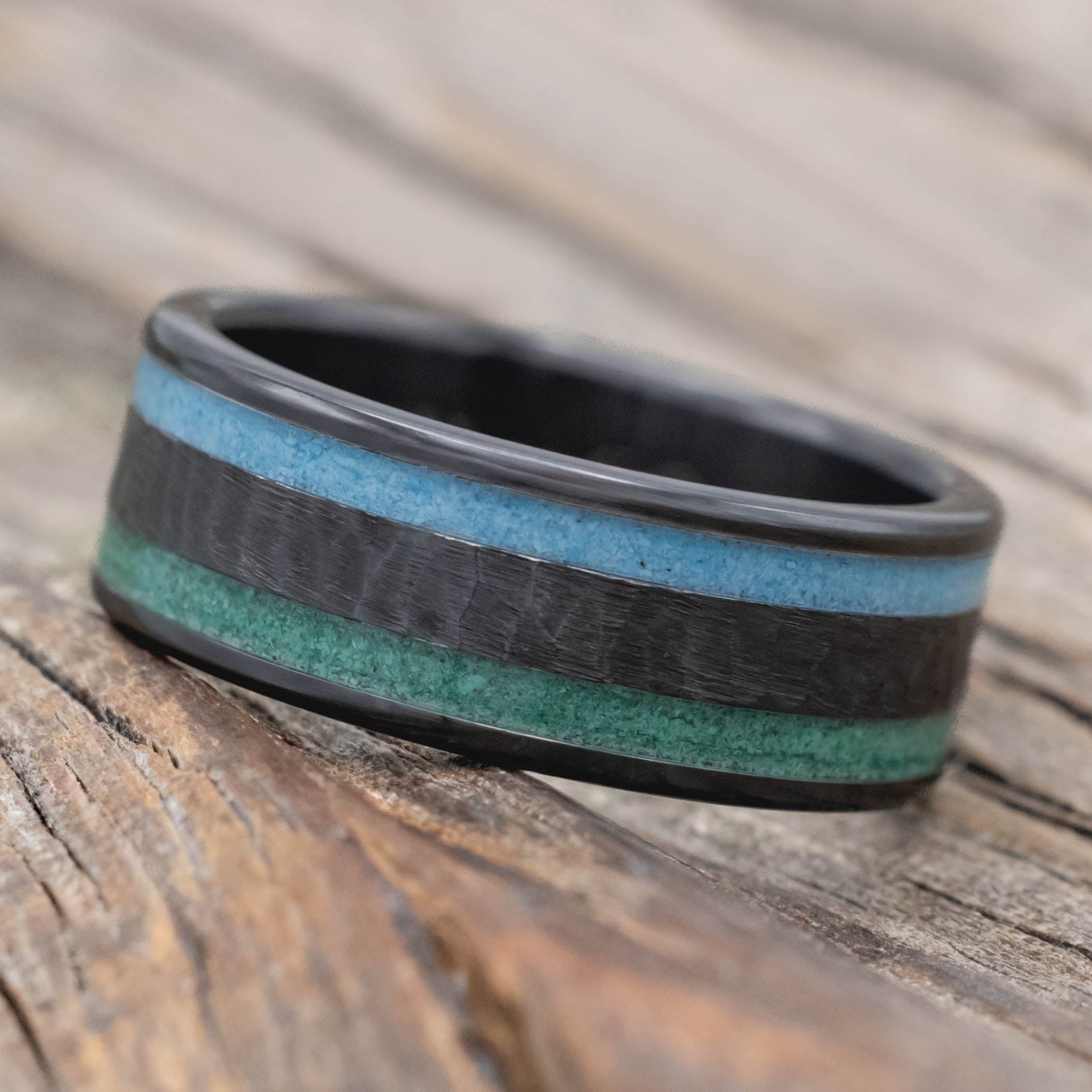 "RYDER" - TURQUOISE & MALACHITE INLAY WEDDING RING WITH A HAMMERED CENTER-Staghead Designs