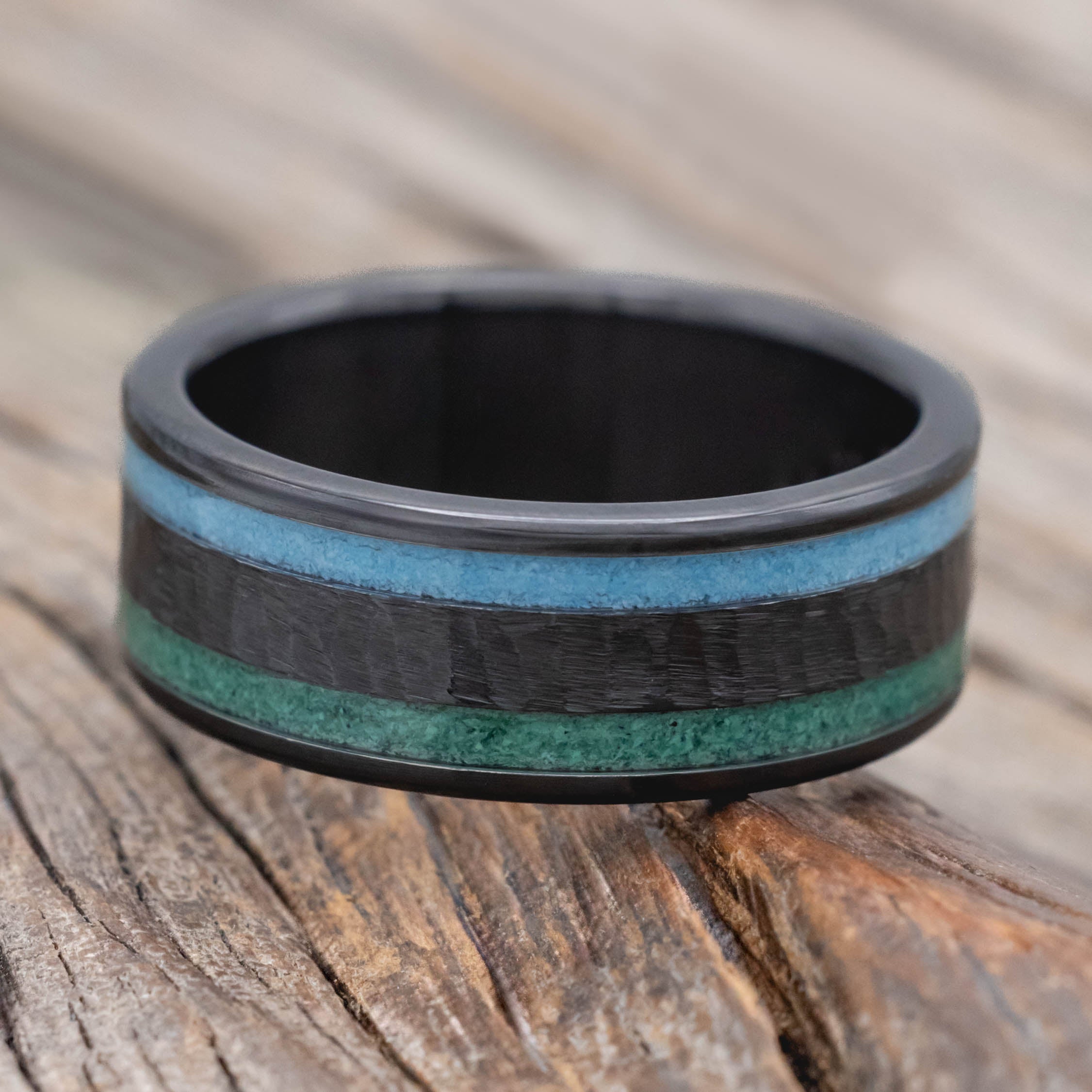 "RYDER" - TURQUOISE & MALACHITE INLAY WEDDING RING WITH A HAMMERED CENTER-Staghead Designs