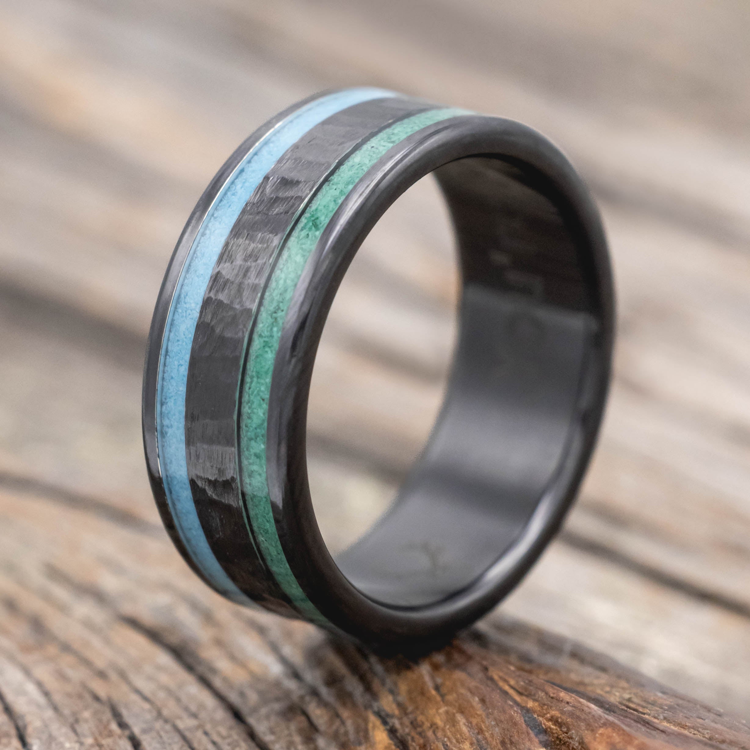 "RYDER" - TURQUOISE & MALACHITE INLAY WEDDING RING WITH A HAMMERED CENTER-Staghead Designs