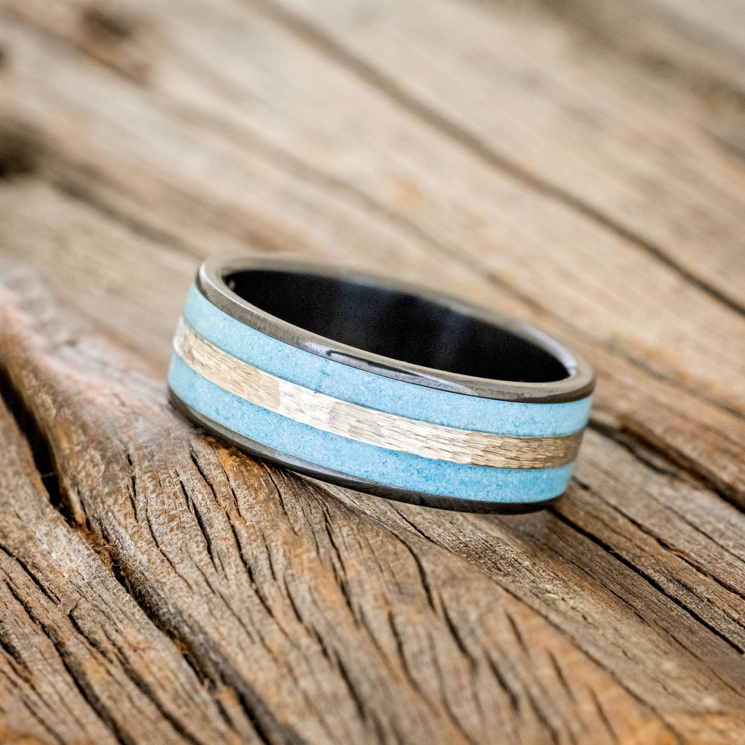 "RYDER" - TURQUOISE & HAMMERED 14K GOLD INLAY WEDDING RING-2