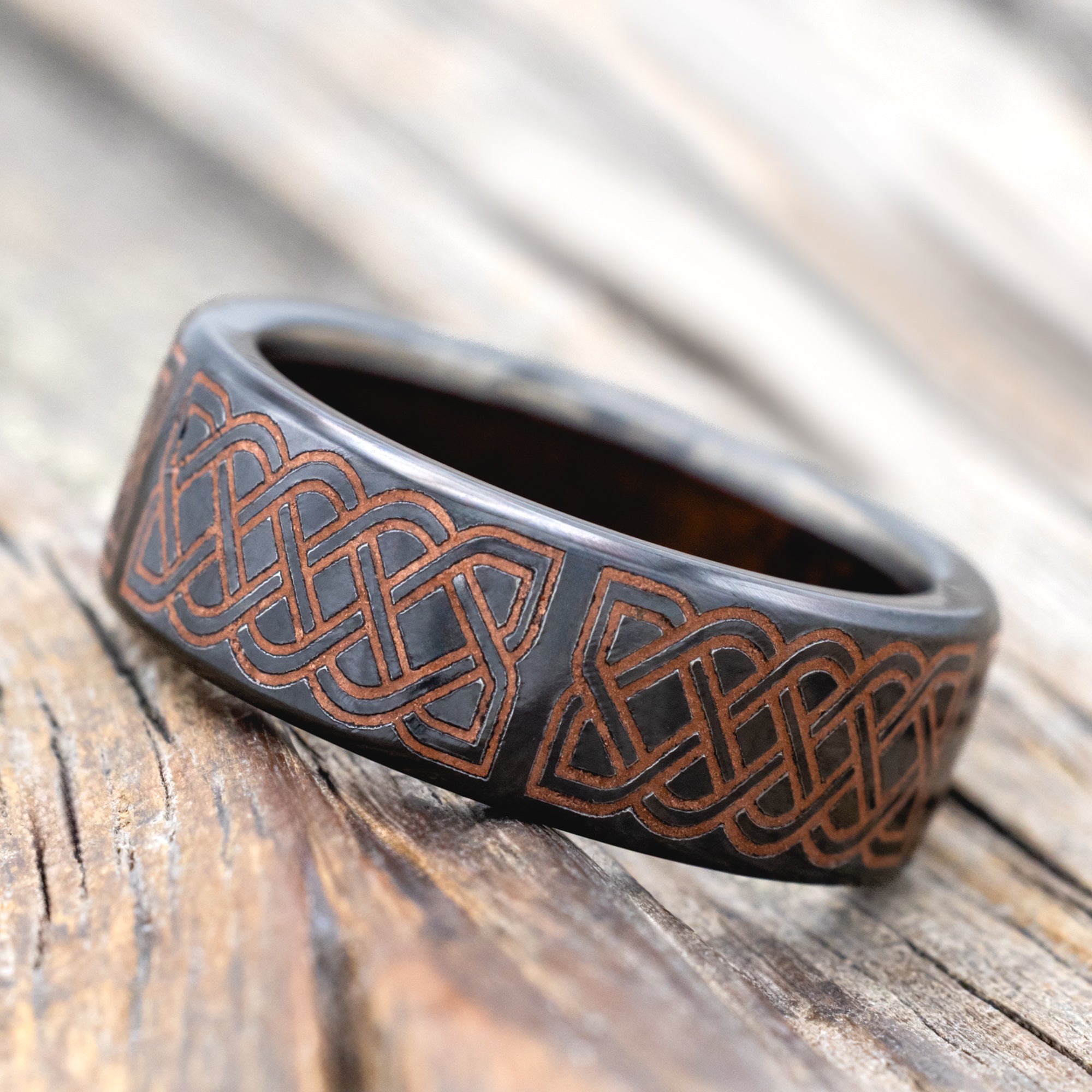 "FAELAN" - WEDDING BAND WITH COPPER INLAID CELTIC SAILOR'S KNOT ENGRAVINGS AND KOA WOOD LINING-Staghead Designs