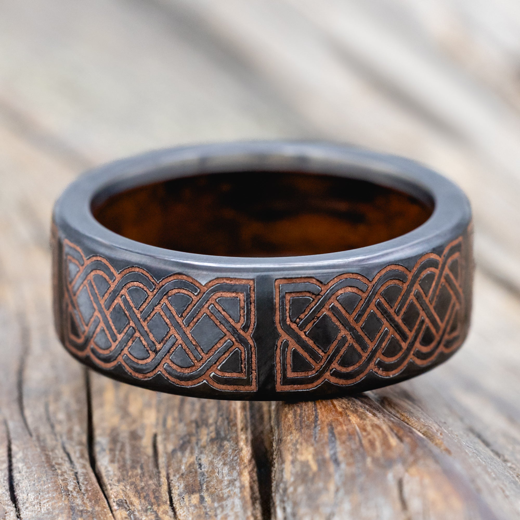 "FAELAN" - WEDDING BAND WITH COPPER INLAID CELTIC SAILOR'S KNOT ENGRAVINGS AND KOA WOOD LINING-Staghead Designs