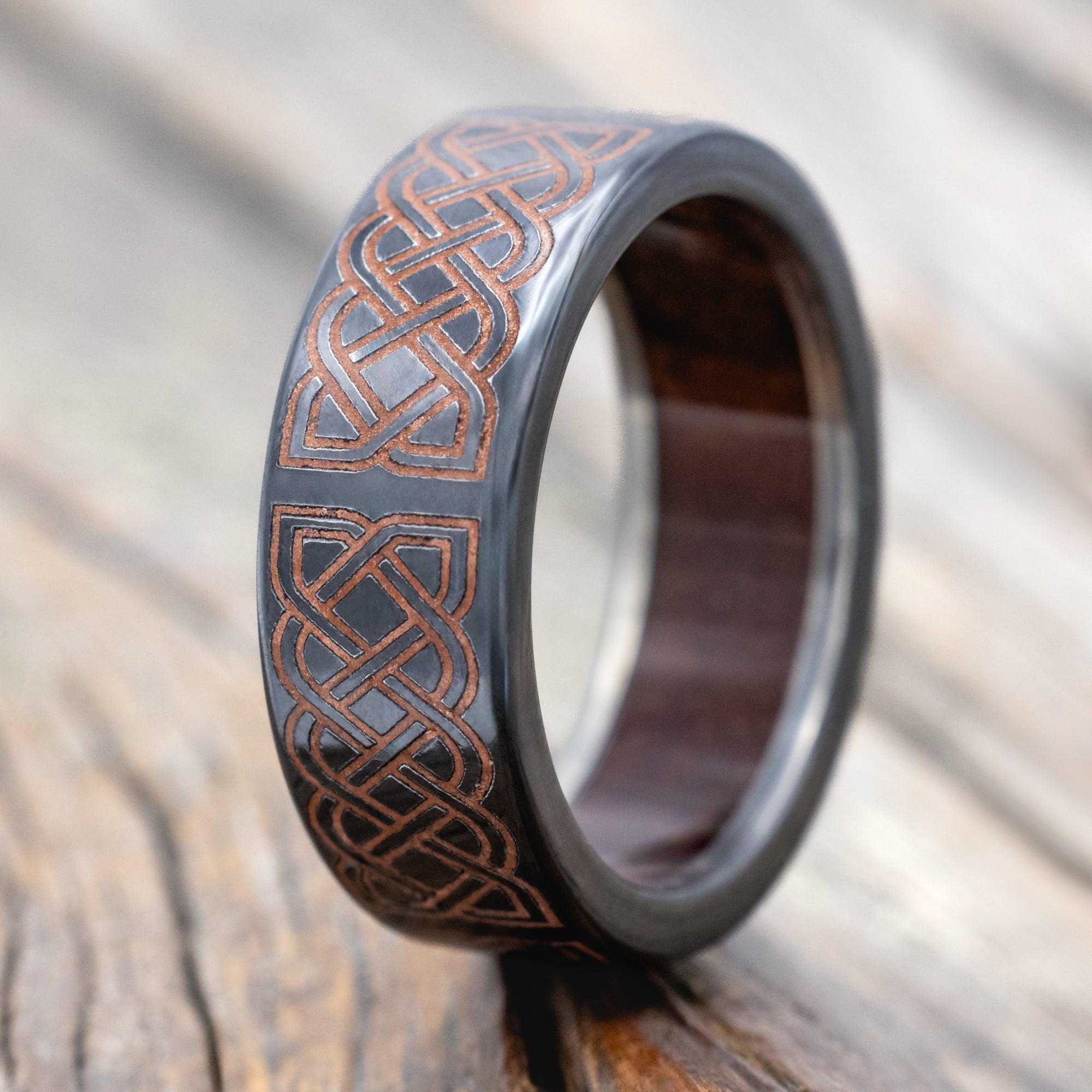 "FAELAN" - WEDDING BAND WITH COPPER INLAID CELTIC SAILOR'S KNOT ENGRAVINGS AND KOA WOOD LINING-Staghead Designs