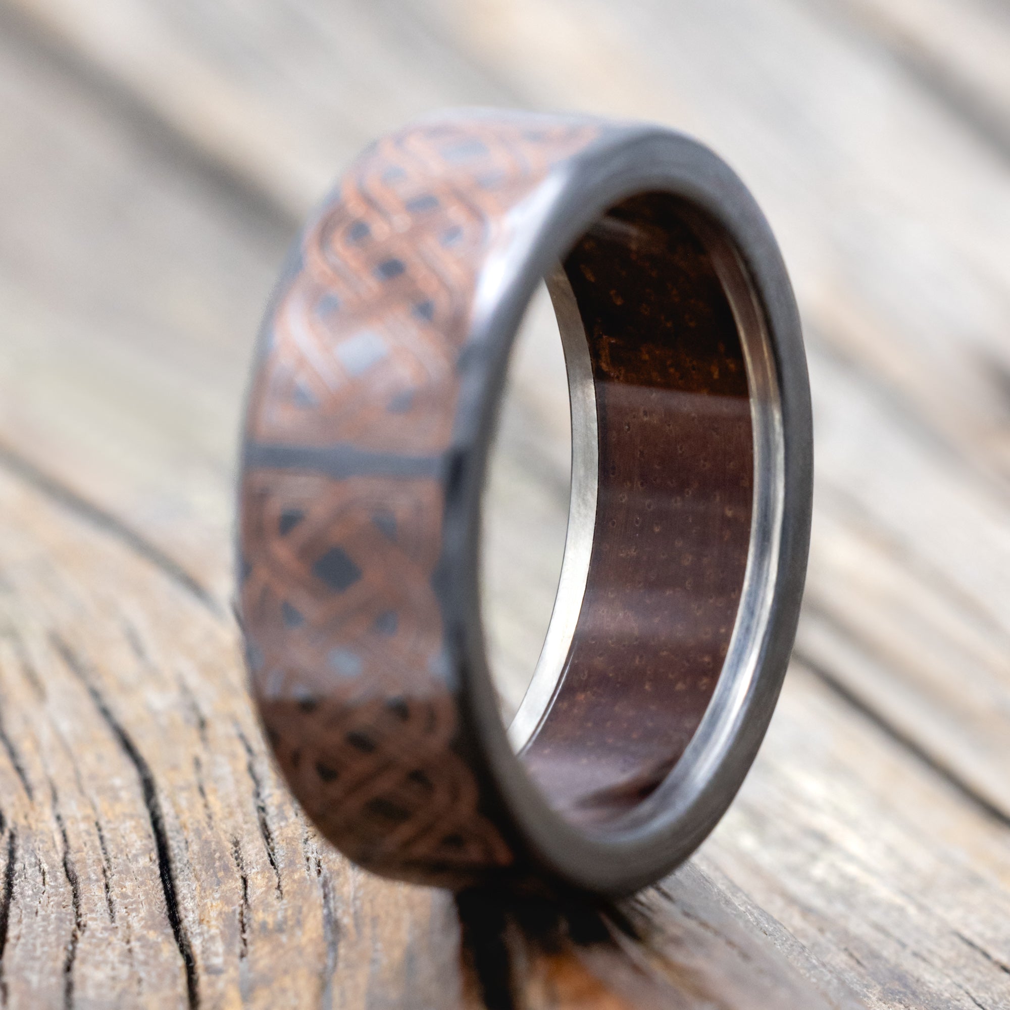 "FAELAN" - WEDDING BAND WITH COPPER INLAID CELTIC SAILOR'S KNOT ENGRAVINGS AND KOA WOOD LINING-Staghead Designs