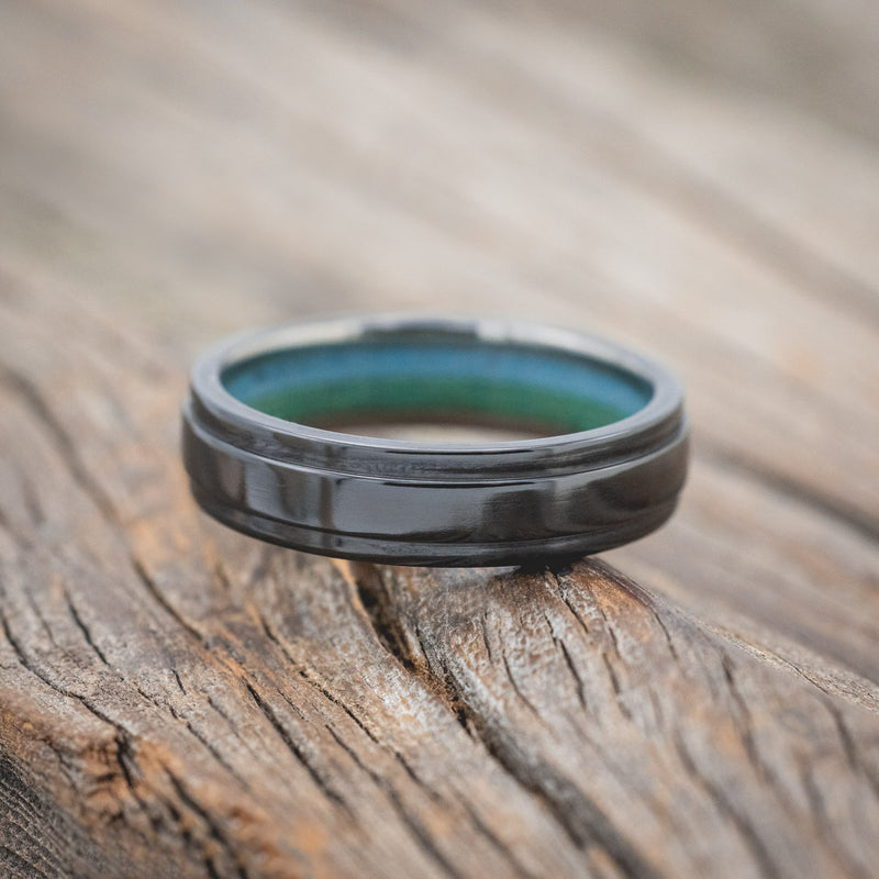 "SEDONA" - RAISED CENTER WEDDING RING WITH A TURQUOISE & MALACHITE LINED 14K GOLD BAND-Staghead Designs