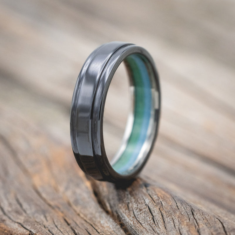 "SEDONA" - RAISED CENTER WEDDING RING WITH A TURQUOISE & MALACHITE LINED 14K GOLD BAND-Staghead Designs