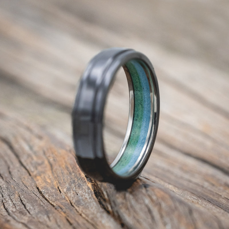 "SEDONA" - RAISED CENTER WEDDING RING WITH A TURQUOISE & MALACHITE LINED 14K GOLD BAND-Staghead Designs