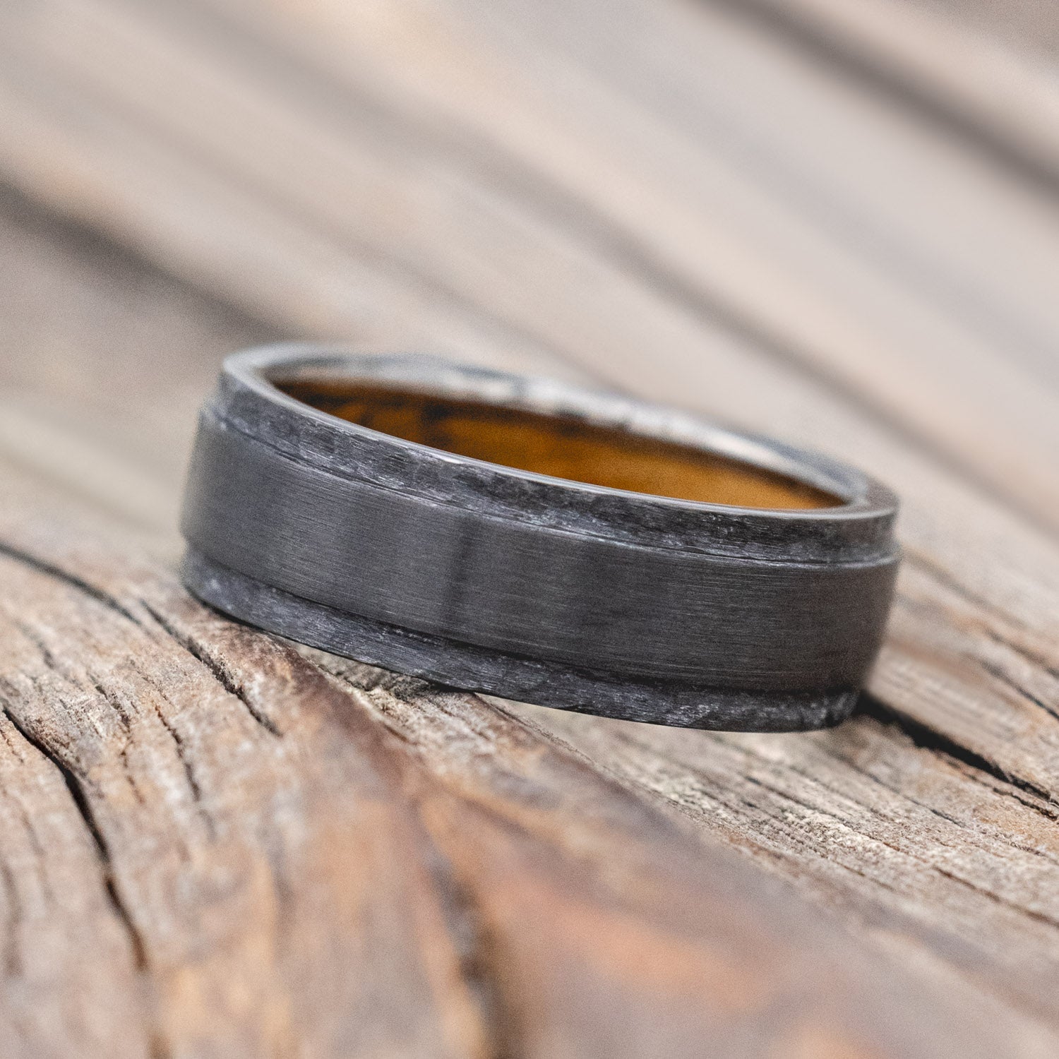 "SEDONA" - WHISKEY BARREL LINED WEDDING RING WITH HAMMERED EDGES & BRUSHED CENTER-Staghead Designs