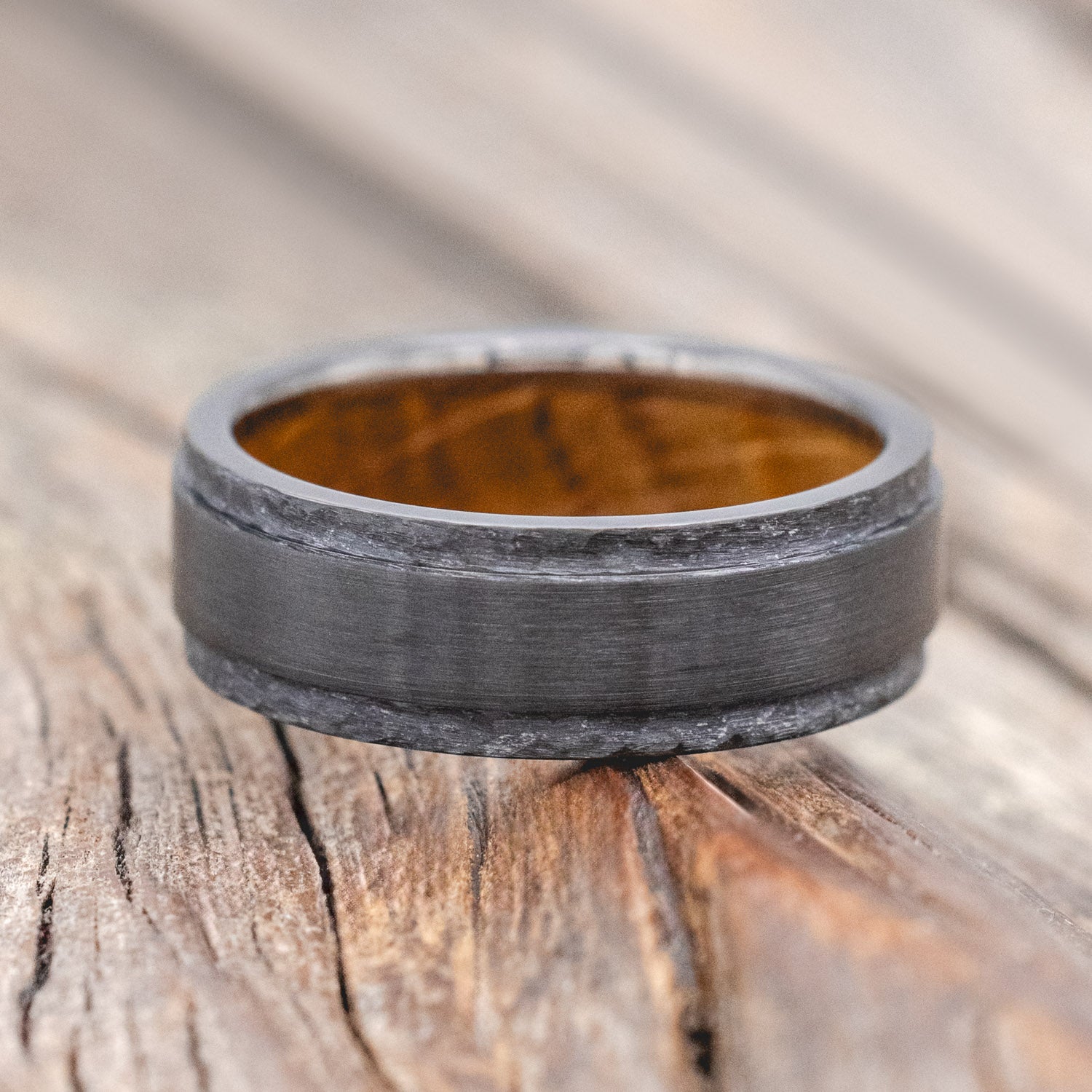 "SEDONA" - WHISKEY BARREL LINED WEDDING RING WITH HAMMERED EDGES & BRUSHED CENTER-Staghead Designs