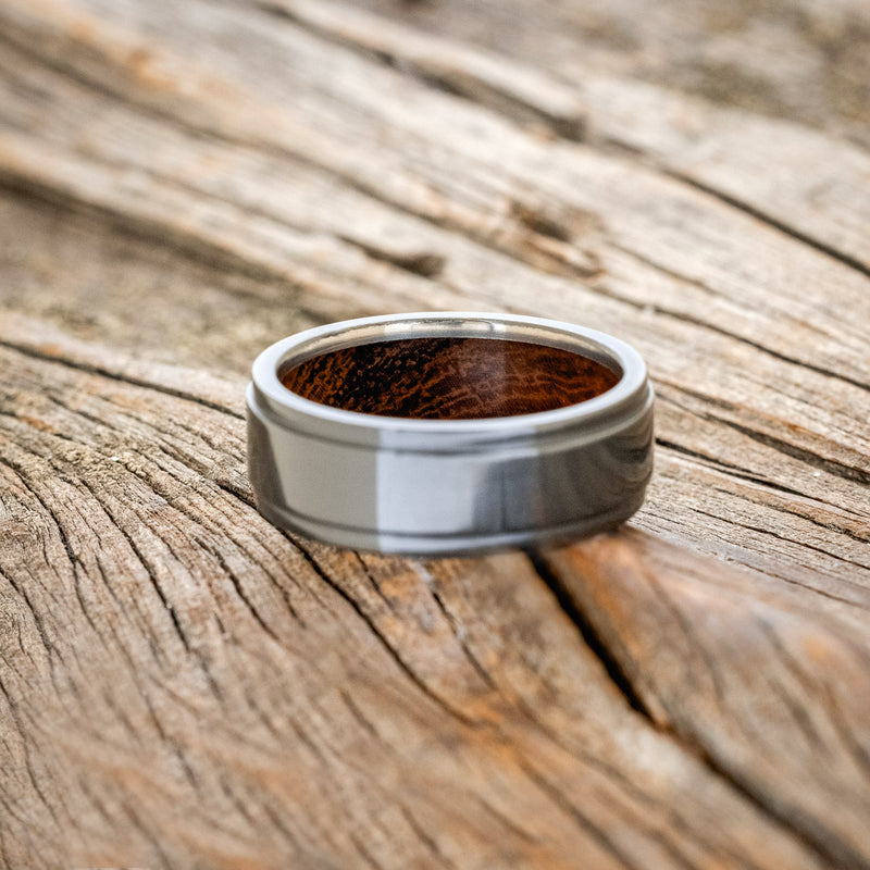 "SEDONA" - RAISED CENTER WEDDING RING WITH AN IRONWOOD LINED BAND - READY TO SHIP-12