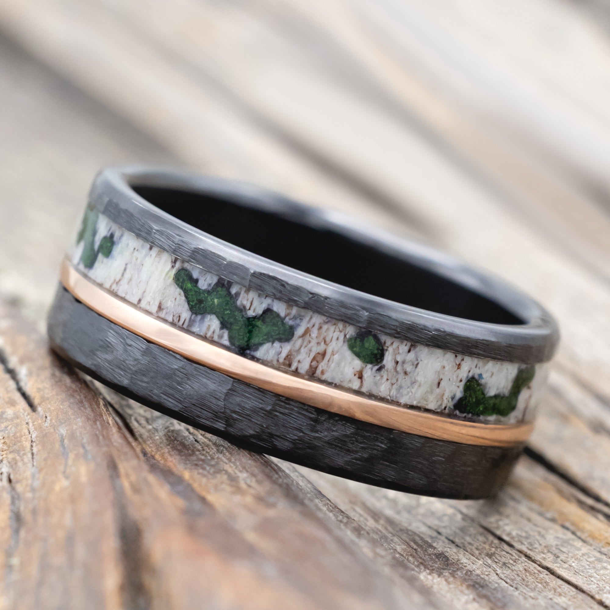 "Tanner" - Antler With Moss Deposits & 14K Gold Inlay Wedding Ring In A Hammered Finish-Staghead Designs