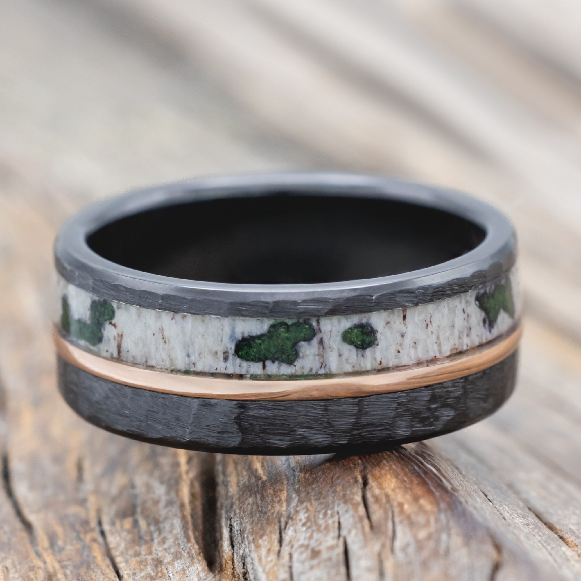"Tanner" - Antler With Moss Deposits & 14K Gold Inlay Wedding Ring In A Hammered Finish-Staghead Designs