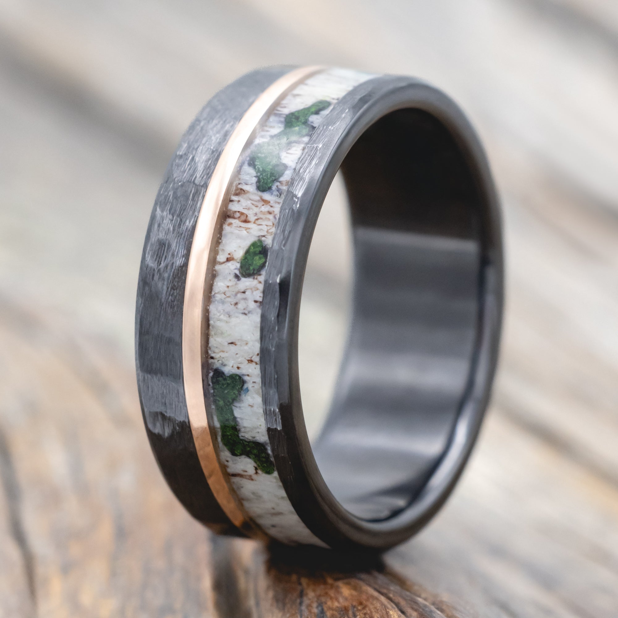 "Tanner" - Antler With Moss Deposits & 14K Gold Inlay Wedding Ring In A Hammered Finish-Staghead Designs