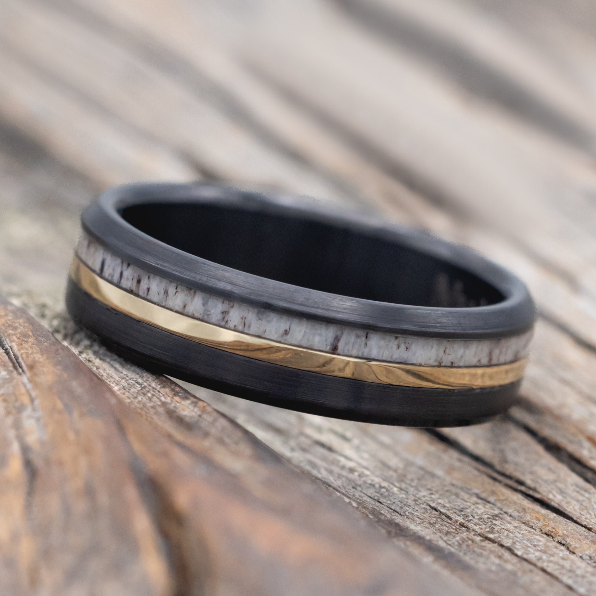 "TANNER" - ANTLER & 14K GOLD INLAY WEDDING BAND WITH A BRUSHED FINISH-Staghead Designs
