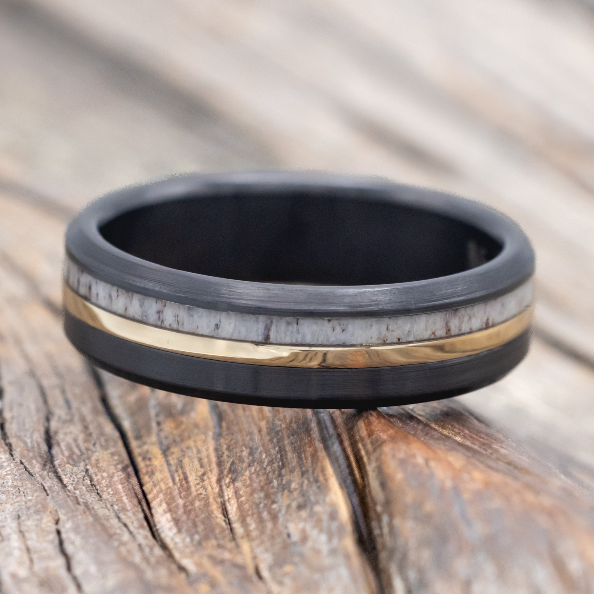 "TANNER" - ANTLER & 14K GOLD INLAY WEDDING BAND WITH A BRUSHED FINISH-Staghead Designs