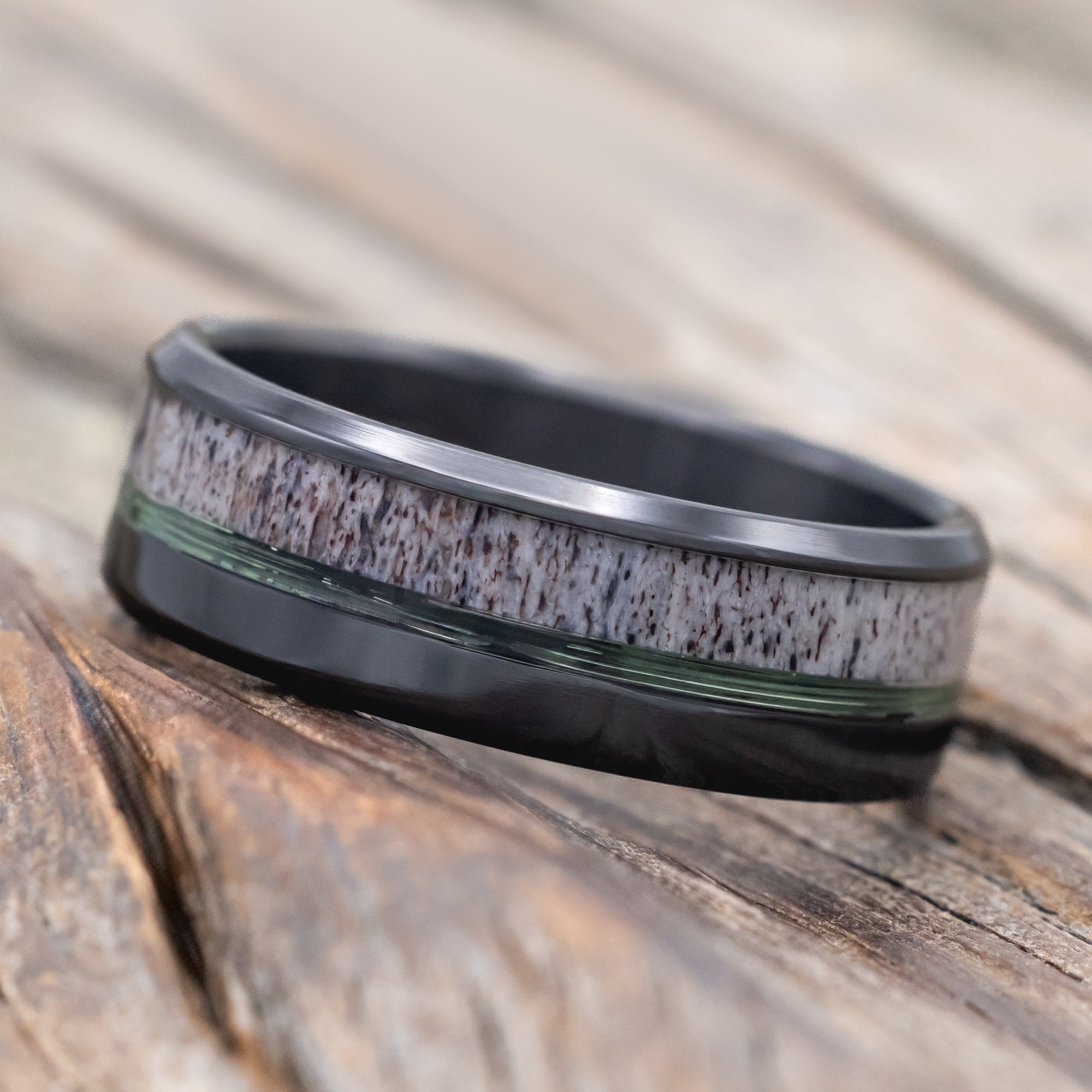 "TANNER" - CLEAR FISHING LINE & ANTLER WEDDING BAND-Staghead Designs