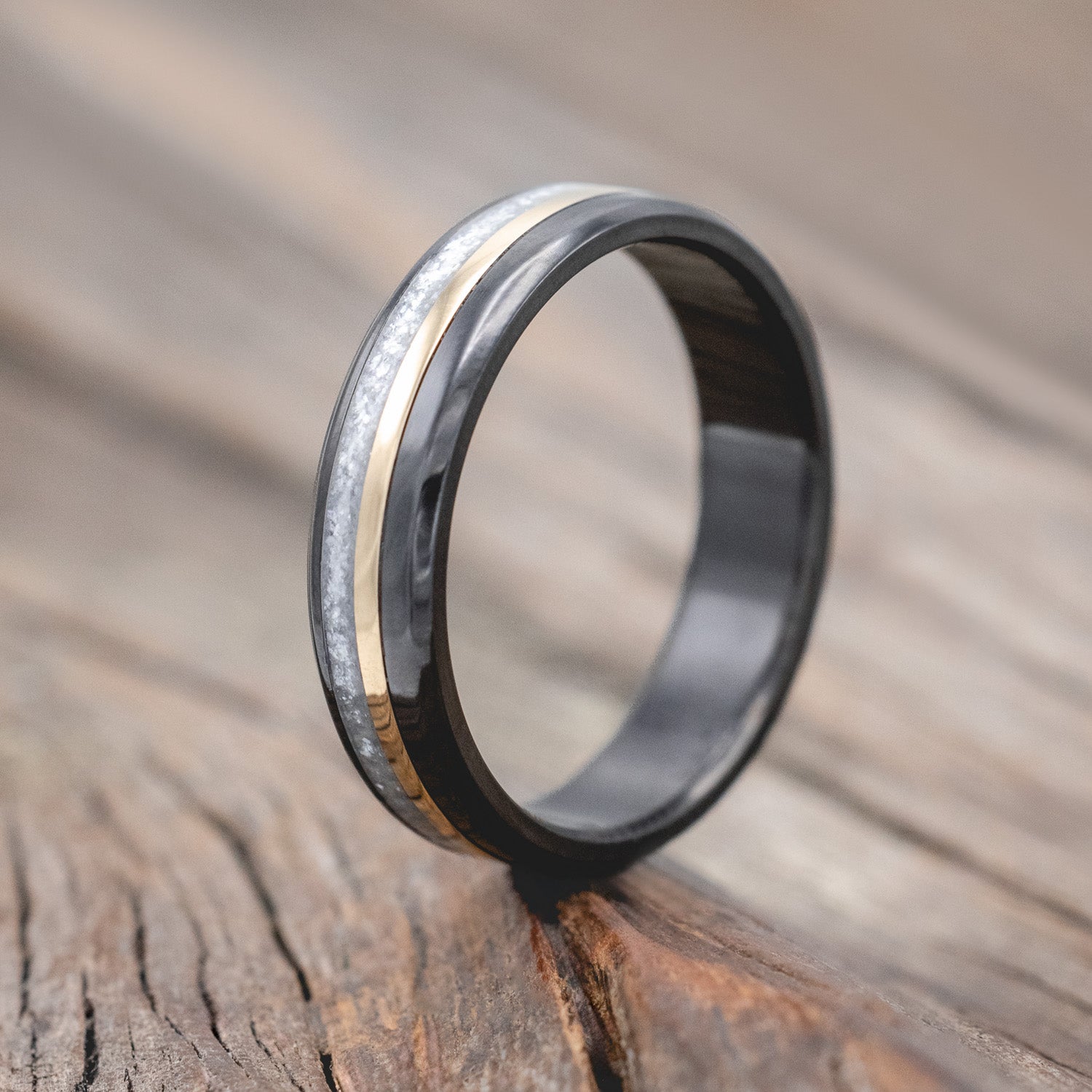 "TANNER" - DIAMOND DUST & 14K GOLD INLAY WEDDING BAND-Staghead Designs