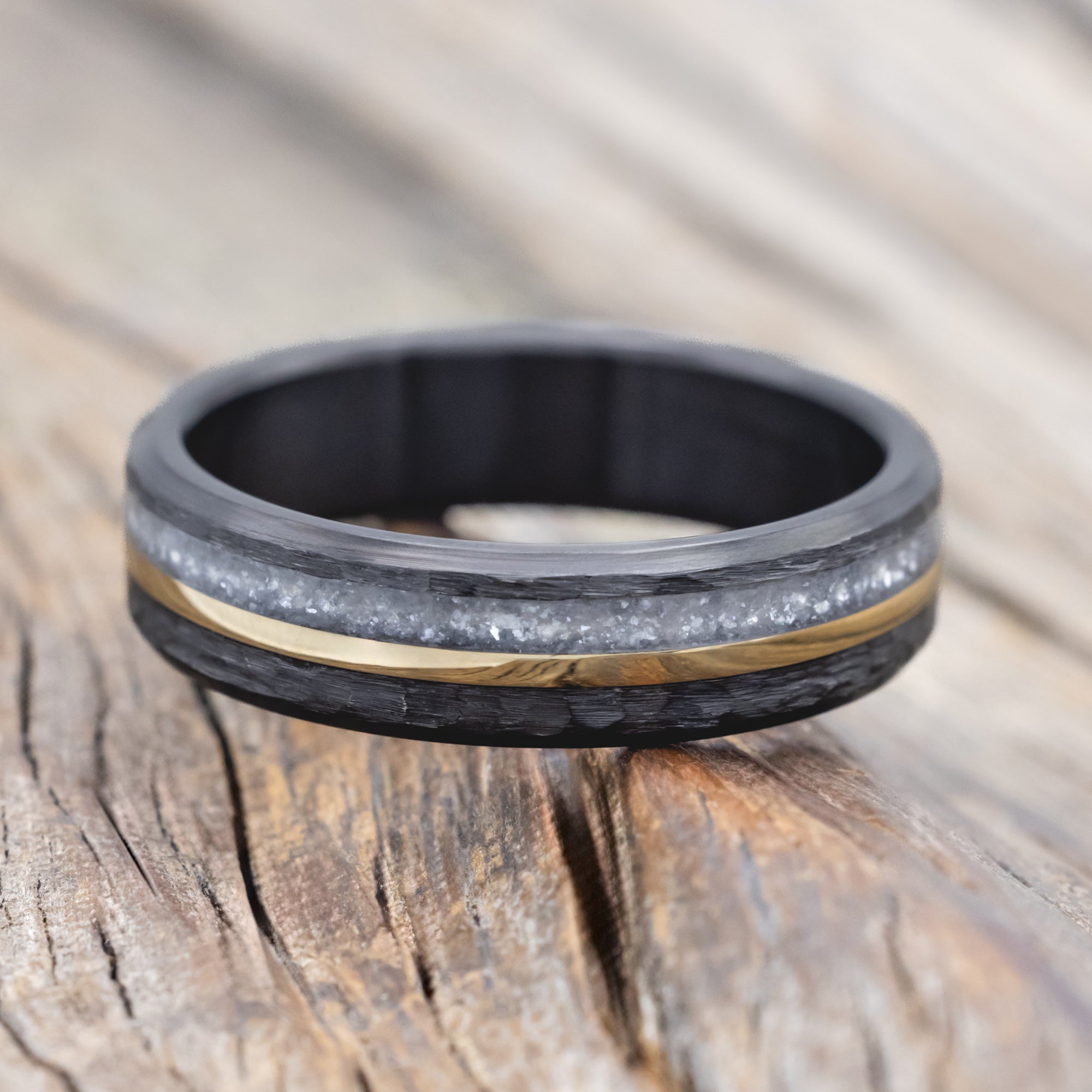"TANNER" - DIAMOND DUST & 14K GOLD INLAY WEDDING BAND-Staghead Designs