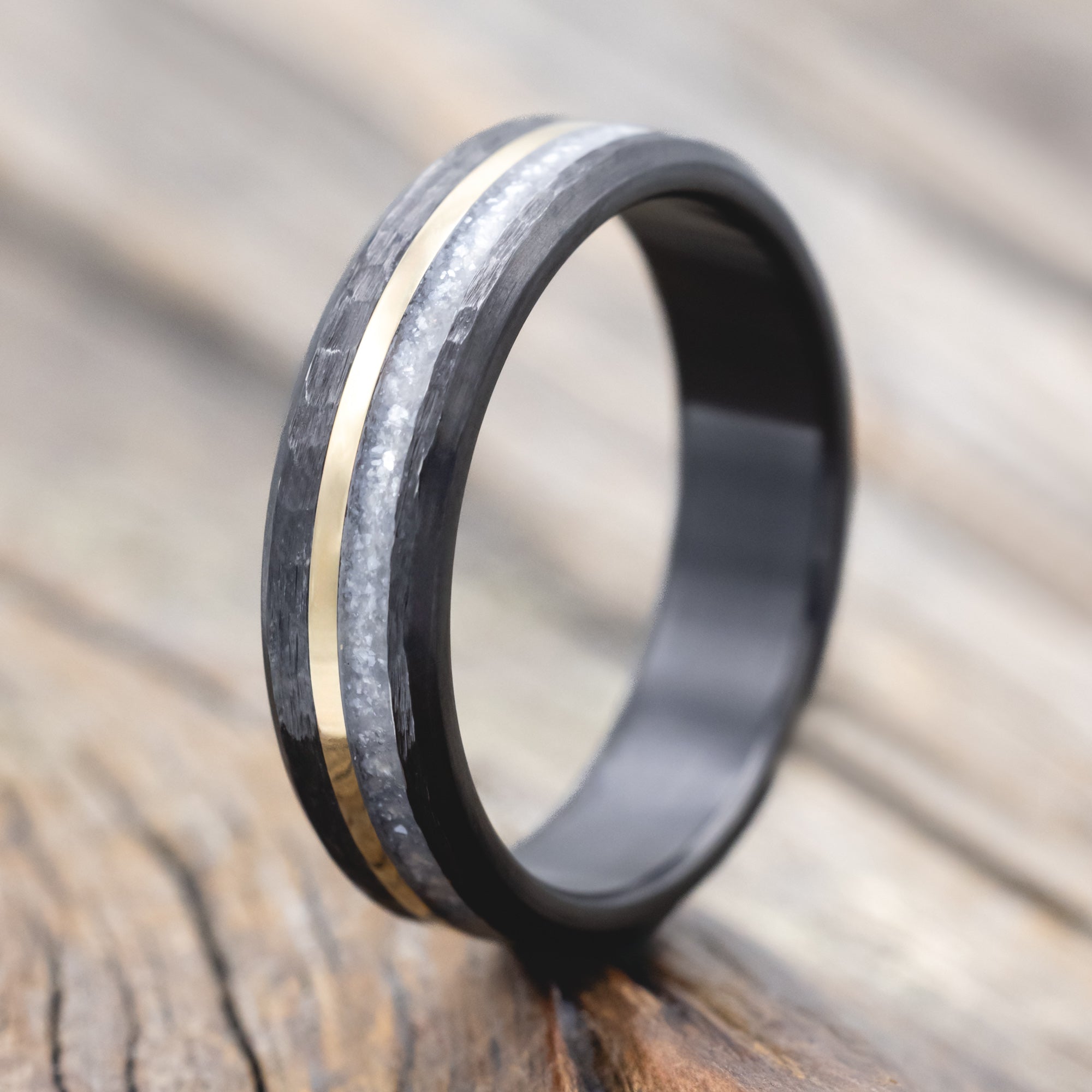 "TANNER" - DIAMOND DUST & 14K GOLD INLAY WEDDING BAND-Staghead Designs