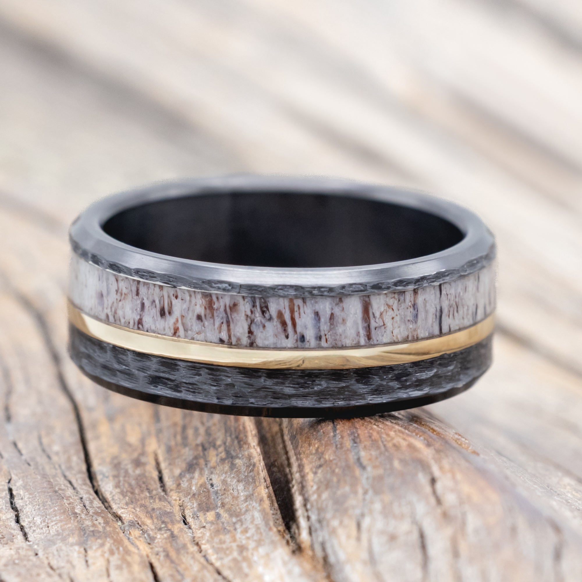 "TANNER" - ELK ANTLER & 14K GOLD INLAY WEDDING BAND-Staghead Designs
