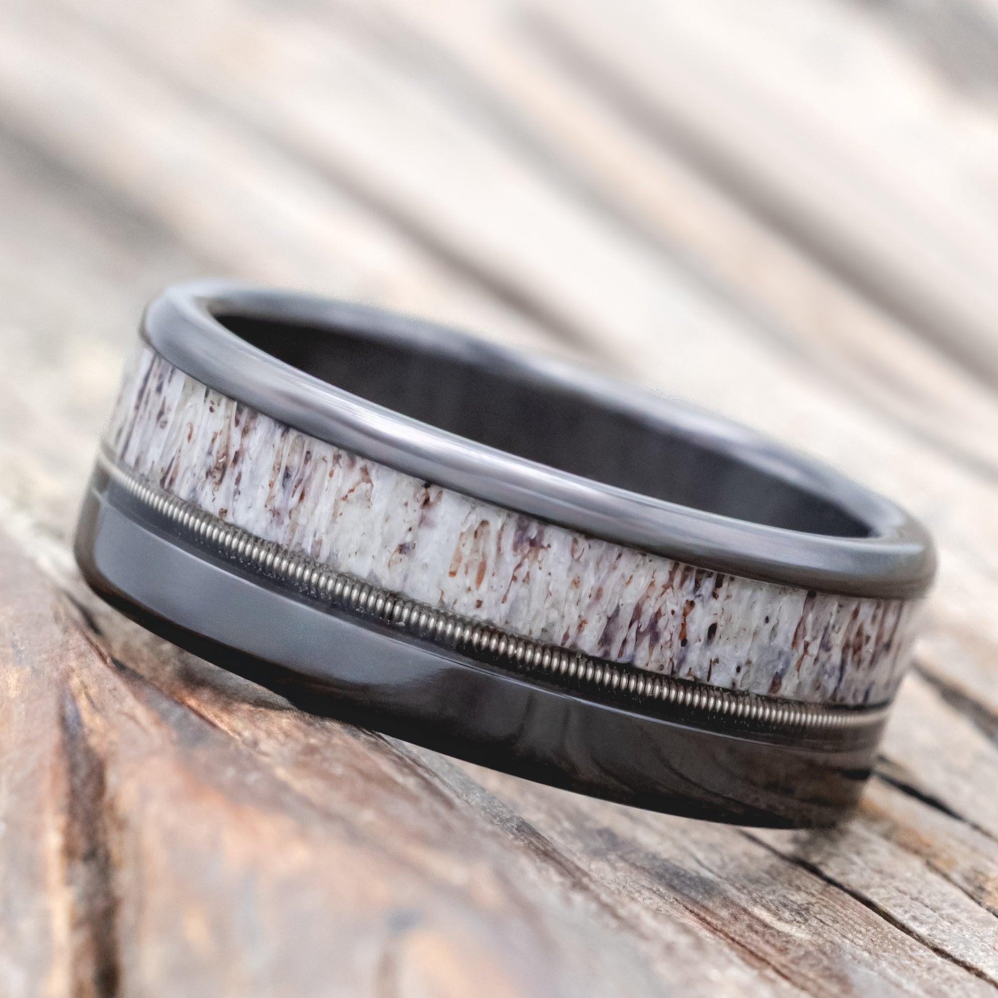 "TANNER" - GUITAR STRING & ANTLER WEDDING BAND-Staghead Designs