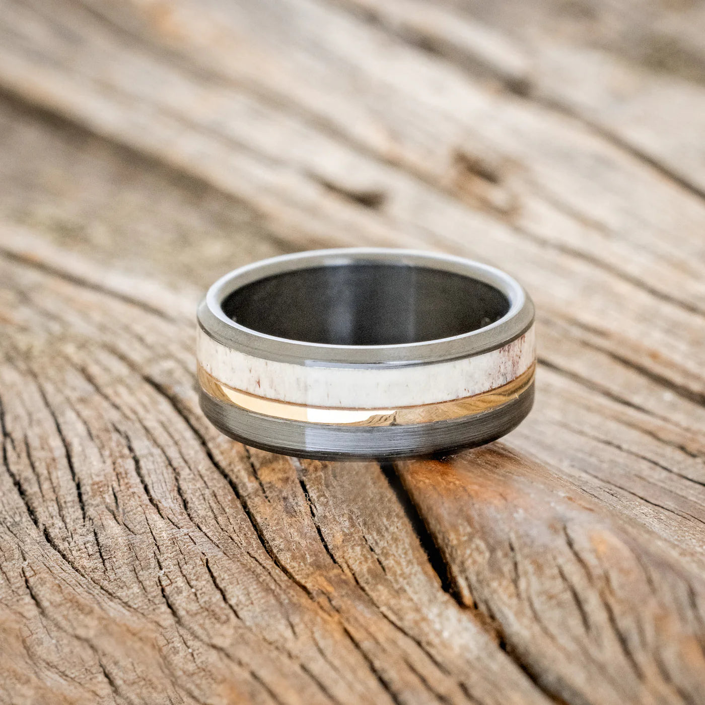 "Tanner" - Antler & 14K Yellow Gold Inlay Wedding Ring With A Brushed Finish - Black Zirconium (8mm) - Size 12 1/2