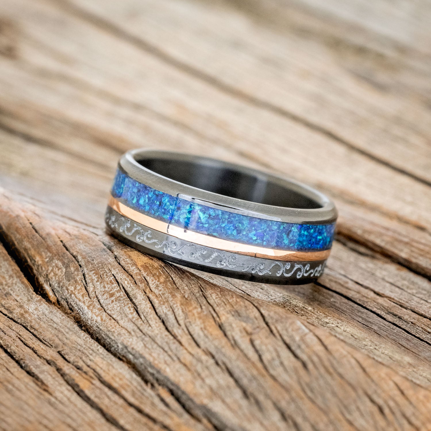 "TANNER" - CARIBBEAN OPAL & 14K GOLD INLAY WEDDING RING FEATURING A FLORAL ENGRAVING-2