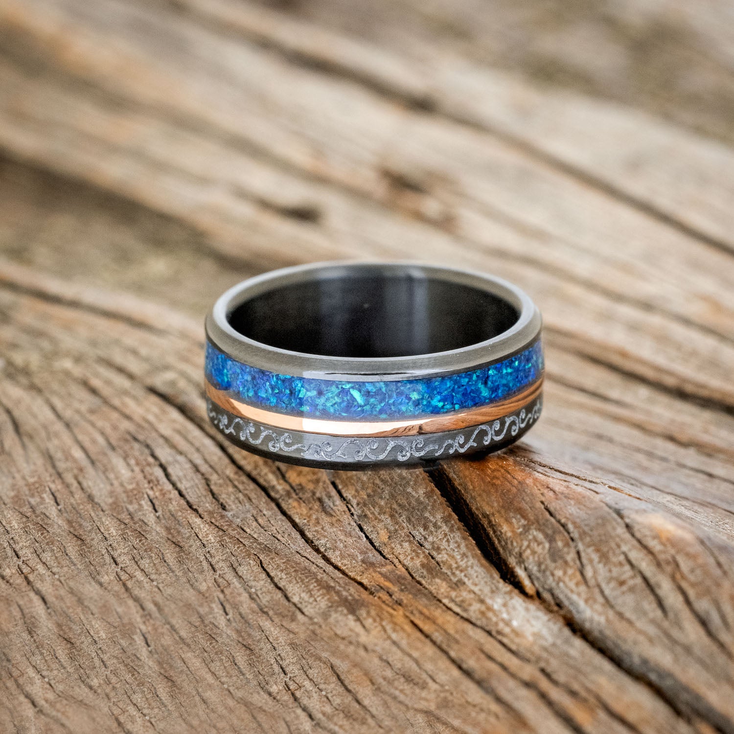"TANNER" - CARIBBEAN OPAL & 14K GOLD INLAY WEDDING RING FEATURING A FLORAL ENGRAVING-3
