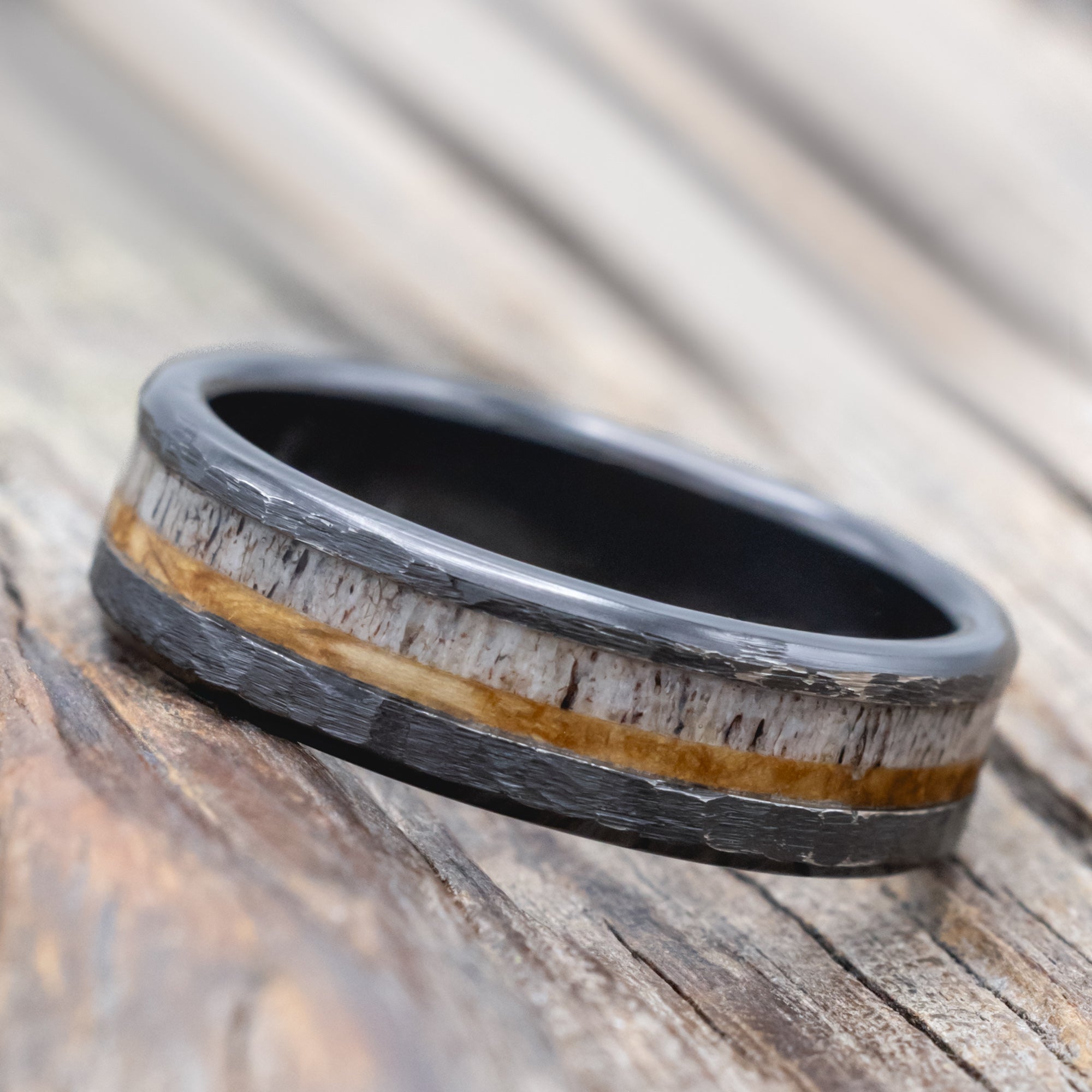 "Tanner" - Whiskey Barrel Oak & Antler Wedding Band With A Hammered Finish-Staghead Designs