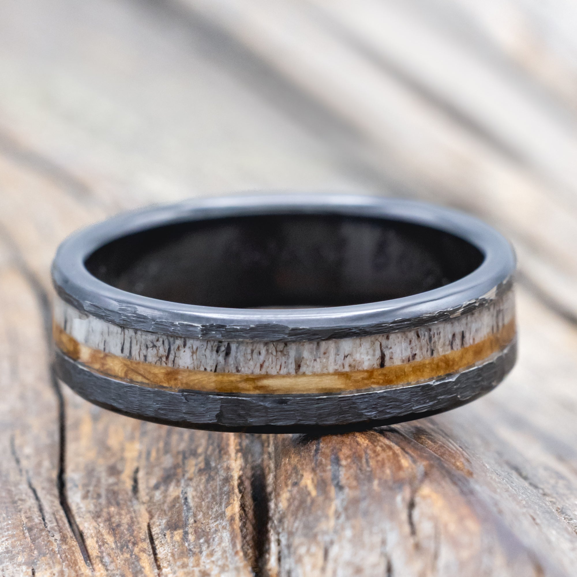 "Tanner" - Whiskey Barrel Oak & Antler Wedding Band With A Hammered Finish-Staghead Designs
