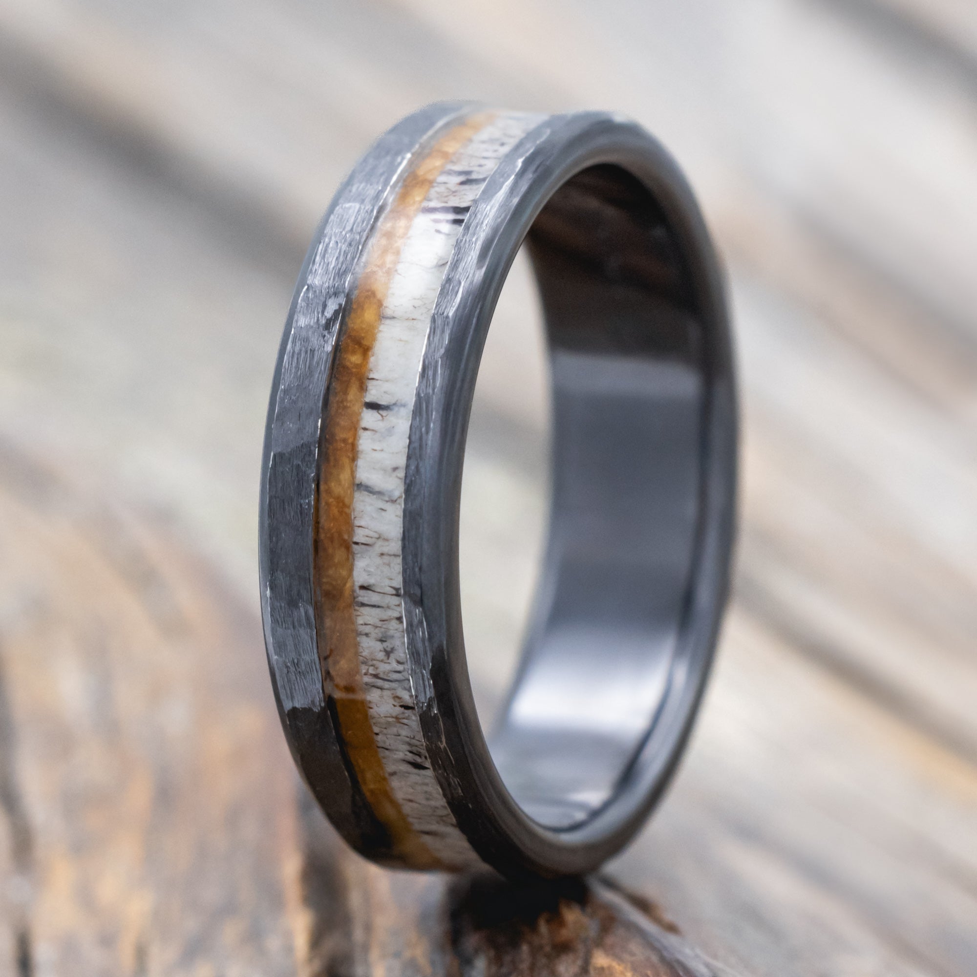 "Tanner" - Whiskey Barrel Oak & Antler Wedding Band With A Hammered Finish-Staghead Designs
