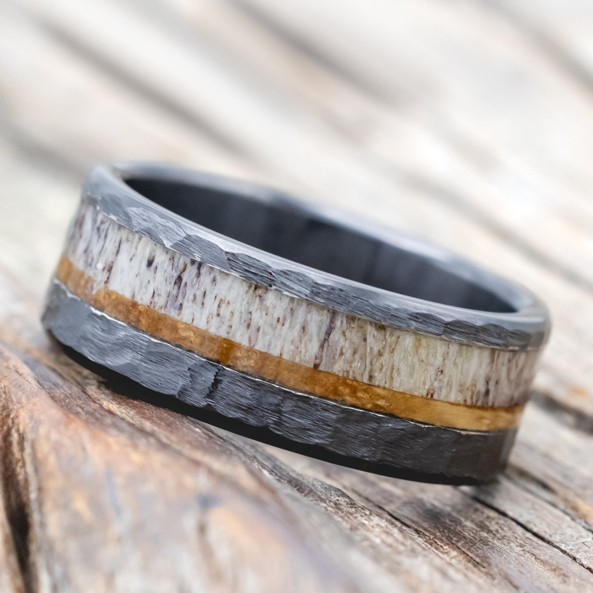 "TANNER" - WHISKEY BARREL OAK & ANTLER WEDDING BAND WITH A HAMMERED FINISH-Staghead Designs