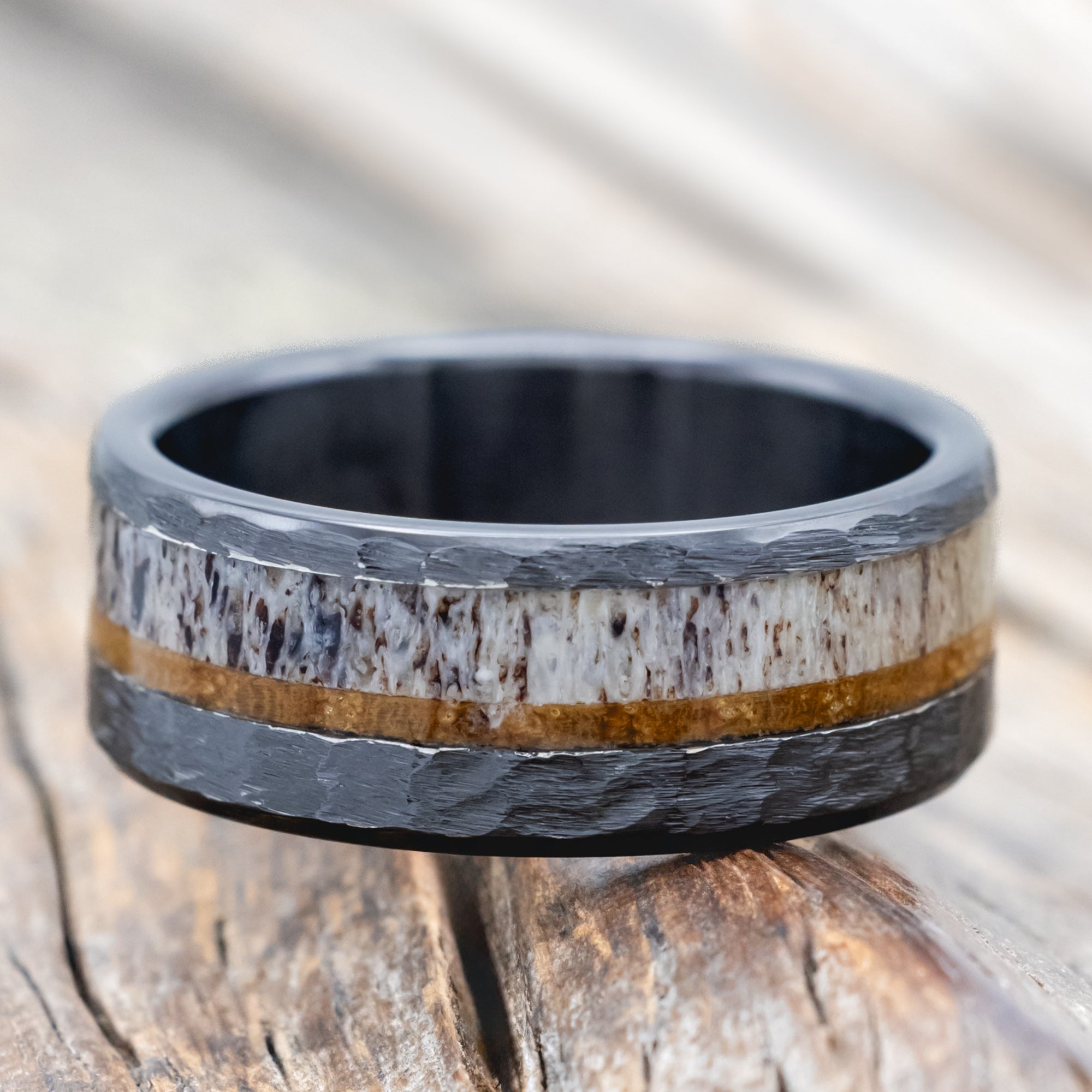 "TANNER" - WHISKEY BARREL OAK & ANTLER WEDDING BAND WITH A HAMMERED FINISH-Staghead Designs