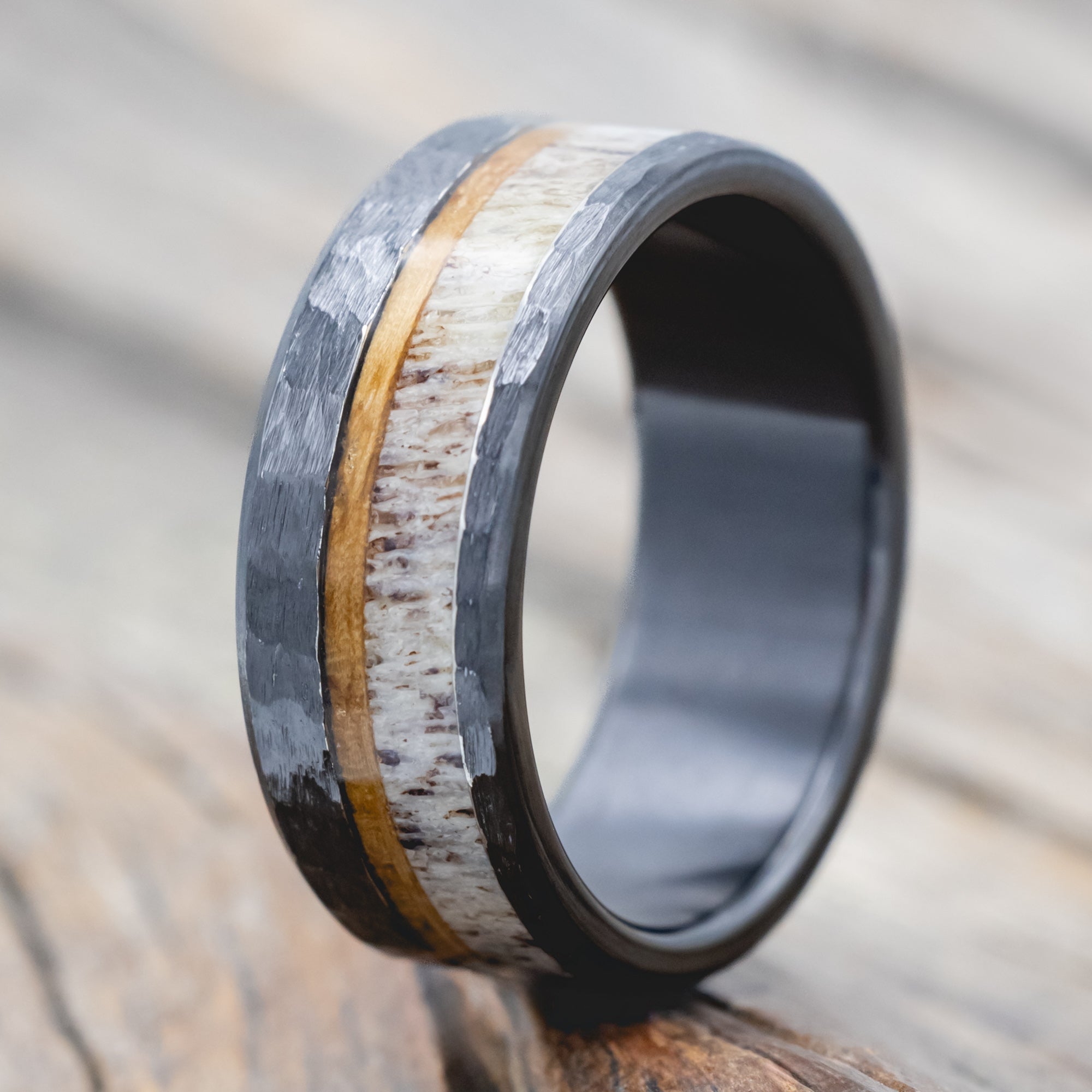 "TANNER" - WHISKEY BARREL OAK & ANTLER WEDDING BAND WITH A HAMMERED FINISH-Staghead Designs