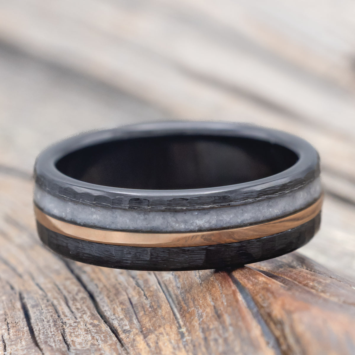 "Tanner" - Diamond Dust & 14K Rose Gold Inlay Wedding Band - Black Zirconium (6mm) - Size 7 1/2-Staghead Designs
