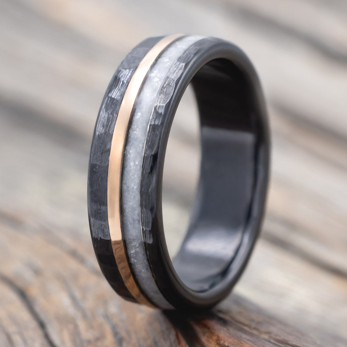 "Tanner" - Diamond Dust & 14K Rose Gold Inlay Wedding Band - Black Zirconium (6mm) - Size 7 1/2-Staghead Designs