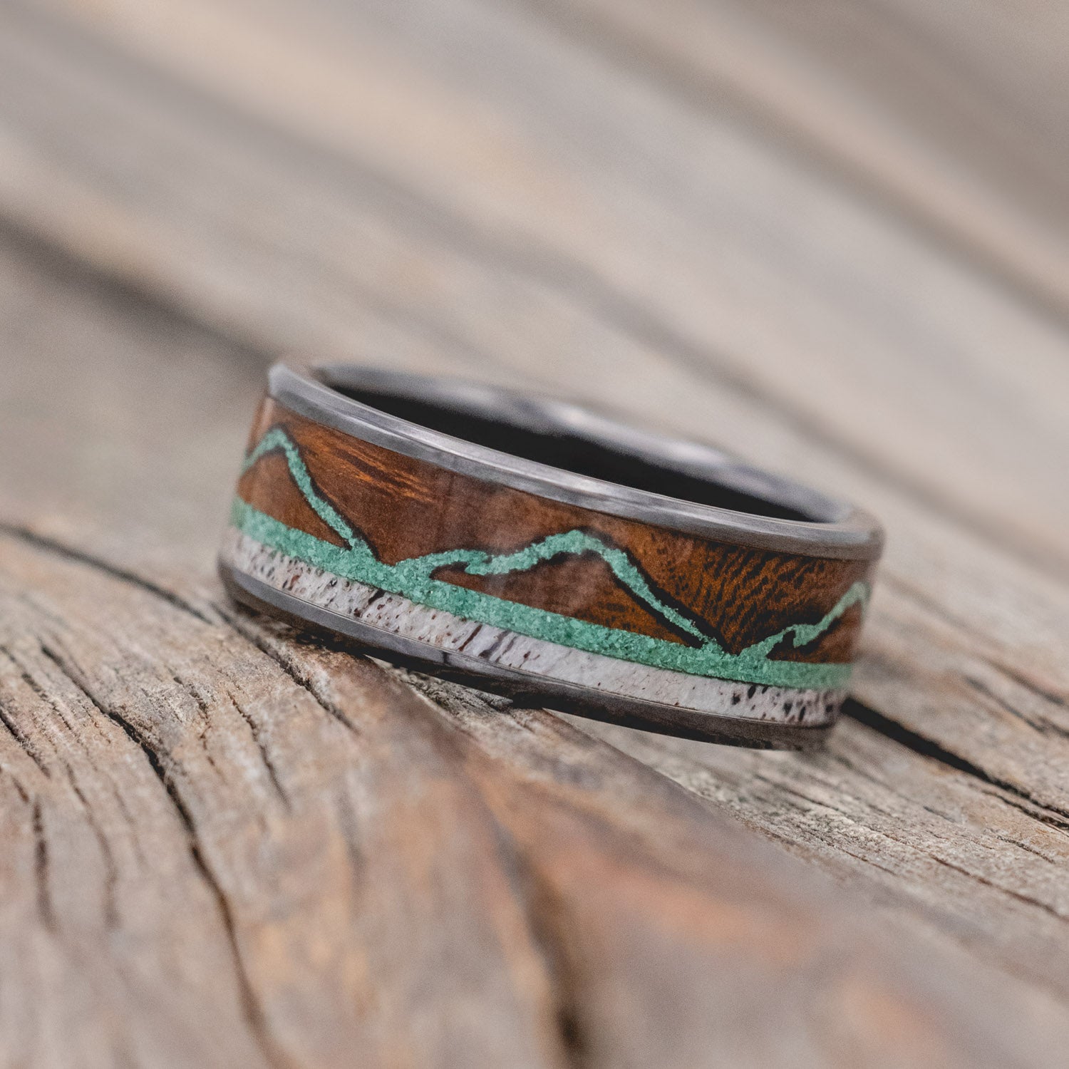 "THE EXPEDITION" - MOUNTAIN ENGRAVED WEDDING RING WITH ANTLER INLAY-Staghead Designs