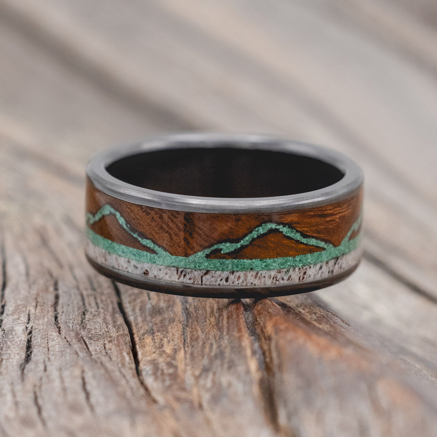 "THE EXPEDITION" - MOUNTAIN ENGRAVED WEDDING RING WITH ANTLER INLAY-Staghead Designs