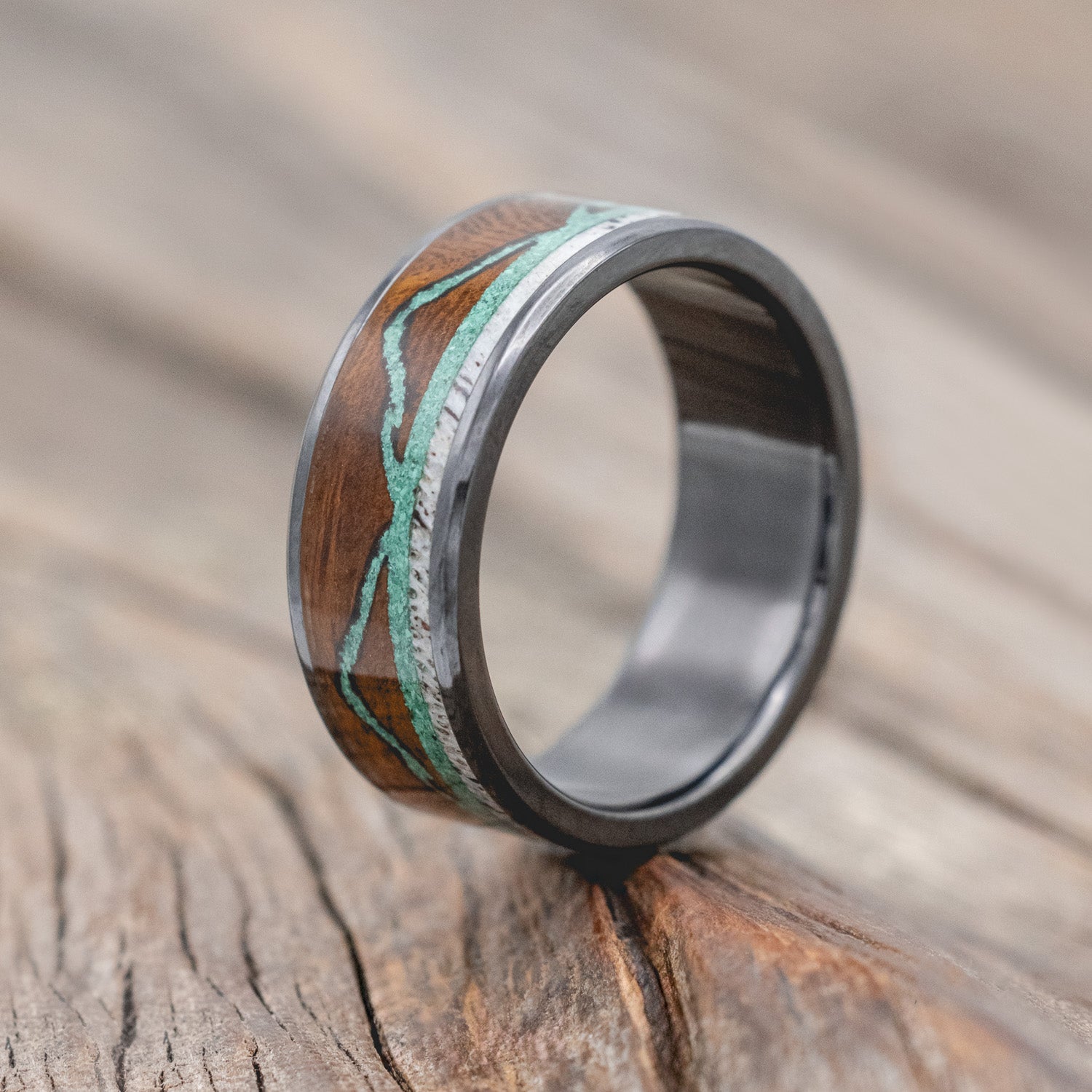"THE EXPEDITION" - MOUNTAIN ENGRAVED WEDDING RING WITH ANTLER INLAY-Staghead Designs