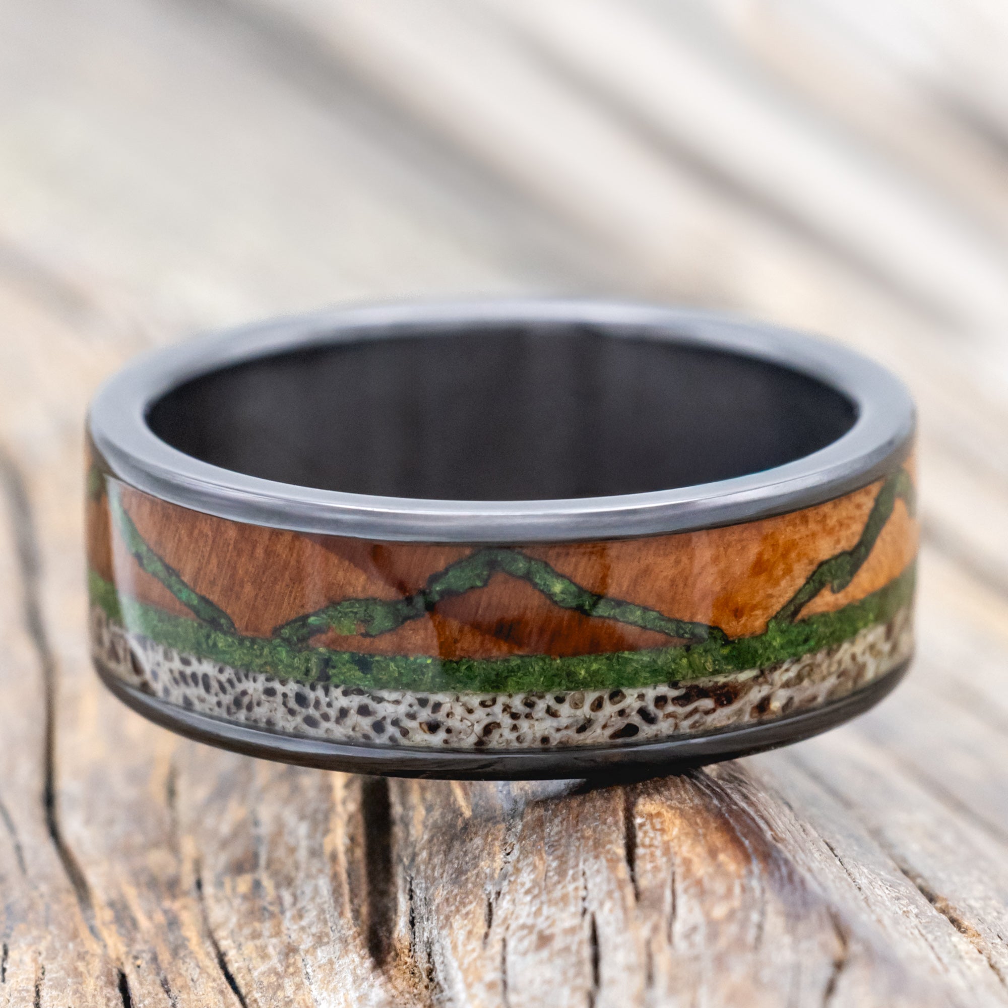 "THE EXPEDITION" - MOUNTAIN ENGRAVED WEDDING RING WITH REDWOOD, MOSS & ANTLER-Staghead Designs