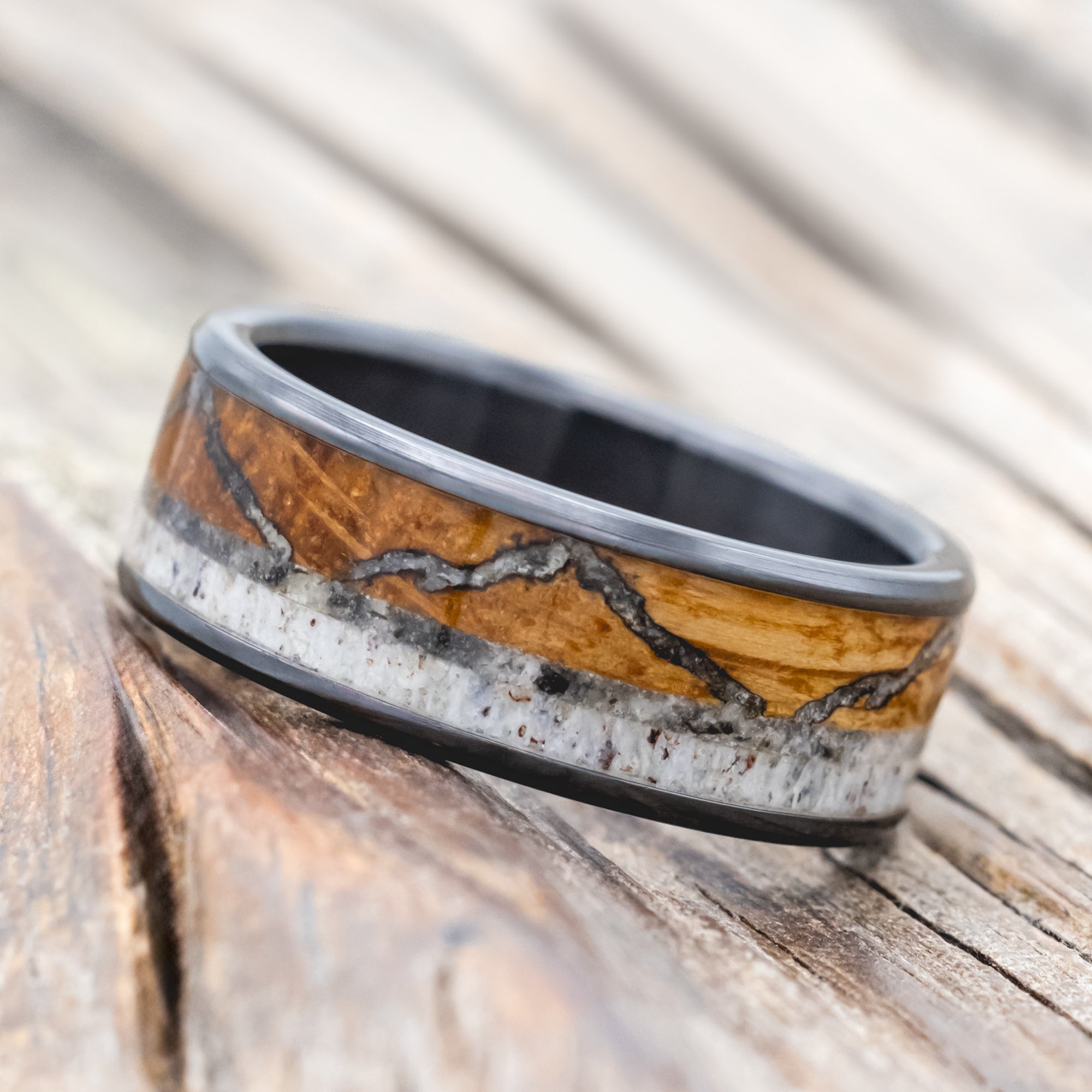 "THE EXPEDITION" - MOUNTAIN ENGRAVED WEDDING RING WITH WHISKEY BARREL OAK, MOONSTONE & ANTLER-Staghead Designs