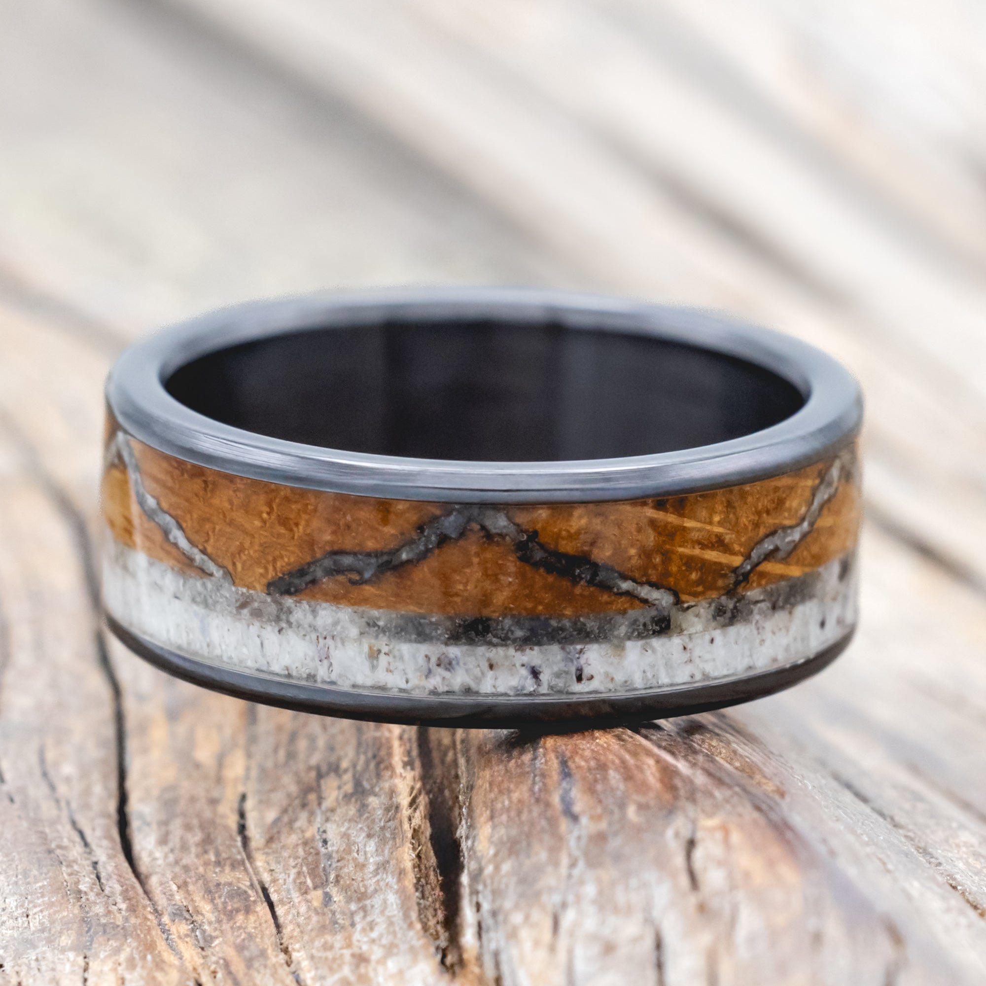 "THE EXPEDITION" - MOUNTAIN ENGRAVED WEDDING RING WITH WHISKEY BARREL OAK, MOONSTONE & ANTLER-Staghead Designs