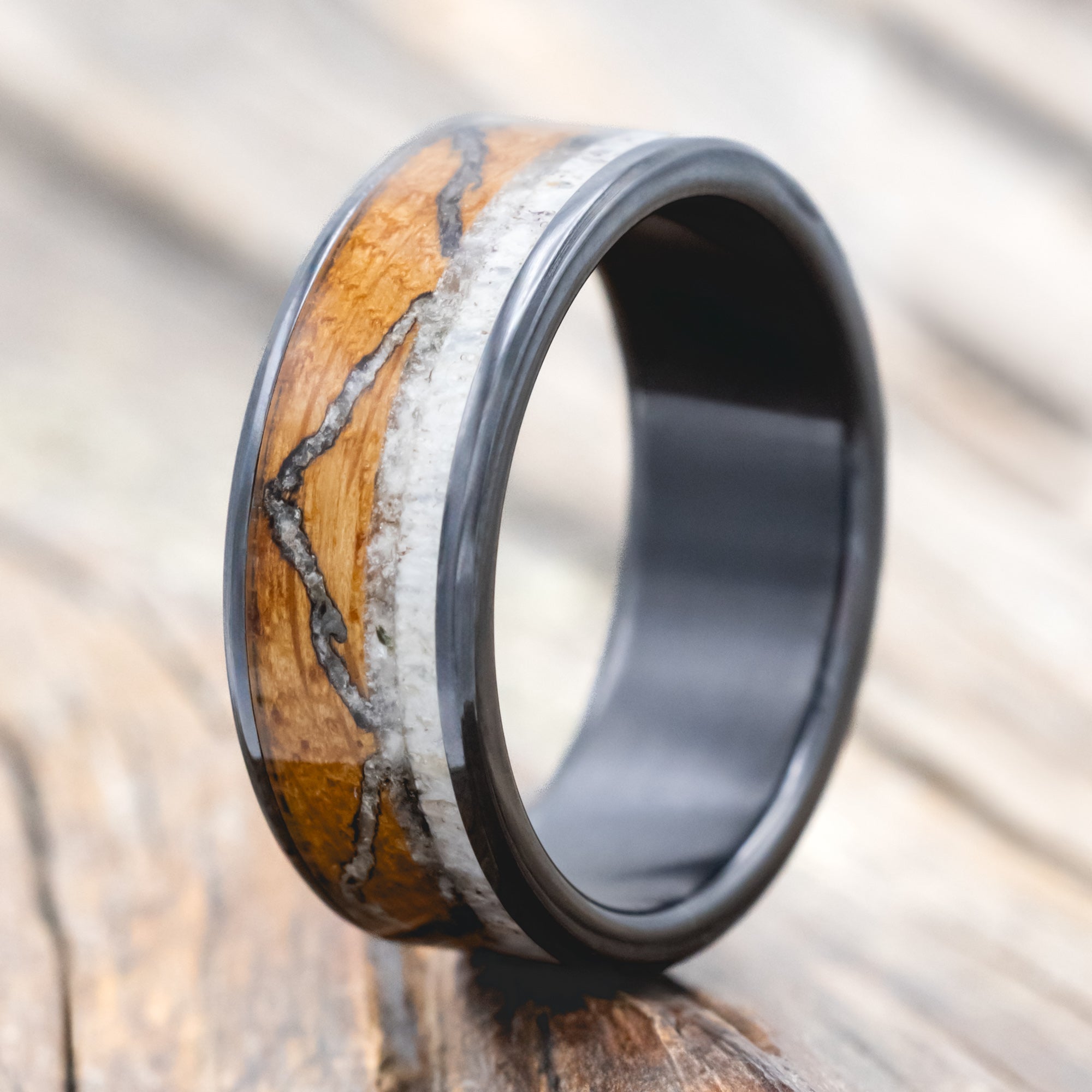 "THE EXPEDITION" - MOUNTAIN ENGRAVED WEDDING RING WITH WHISKEY BARREL OAK, MOONSTONE & ANTLER-Staghead Designs