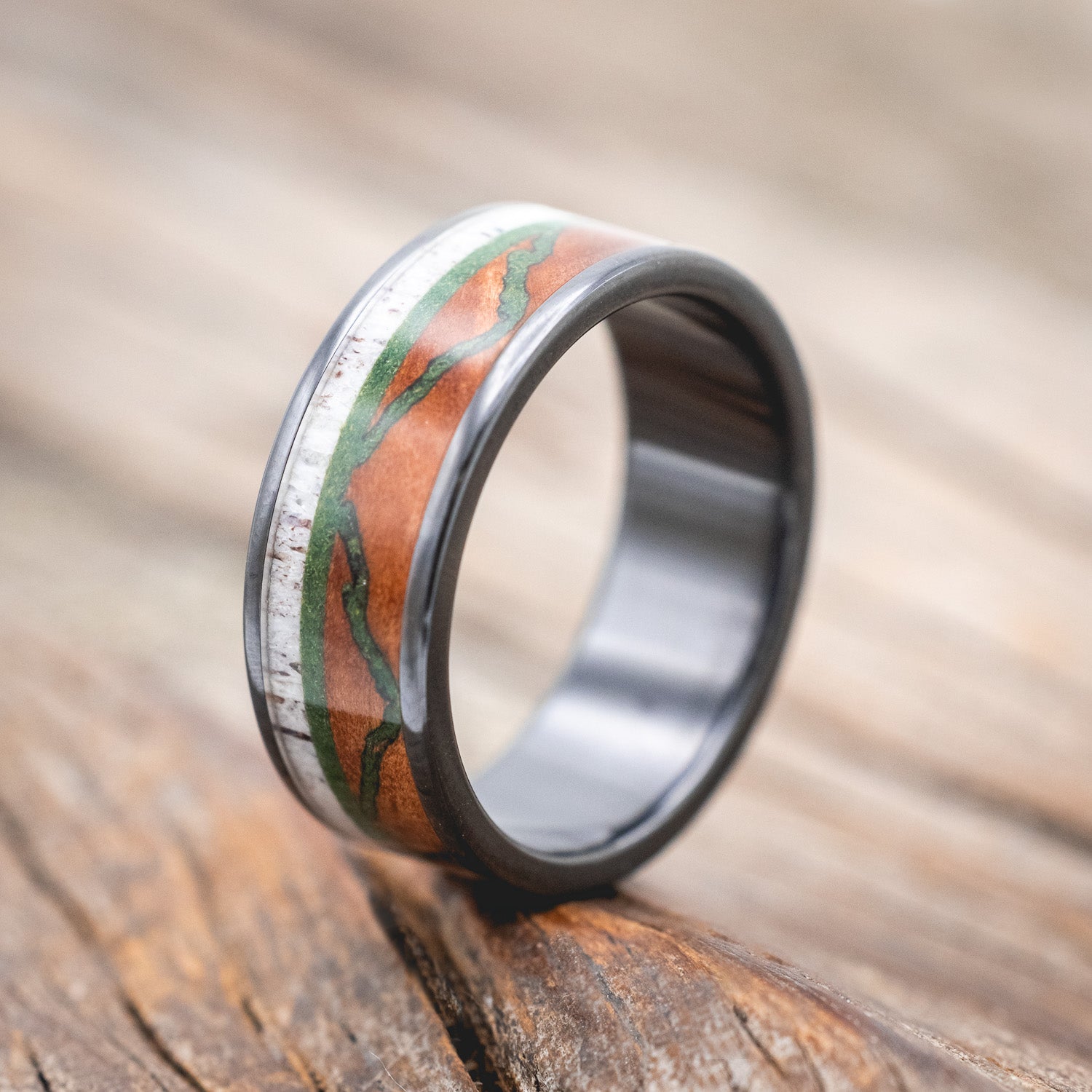 "THE EXPEDITION" - MOUNTAIN ENGRAVED WEDDING RING WITH REDWOOD, MOSS & ANTLER-Staghead Designs
