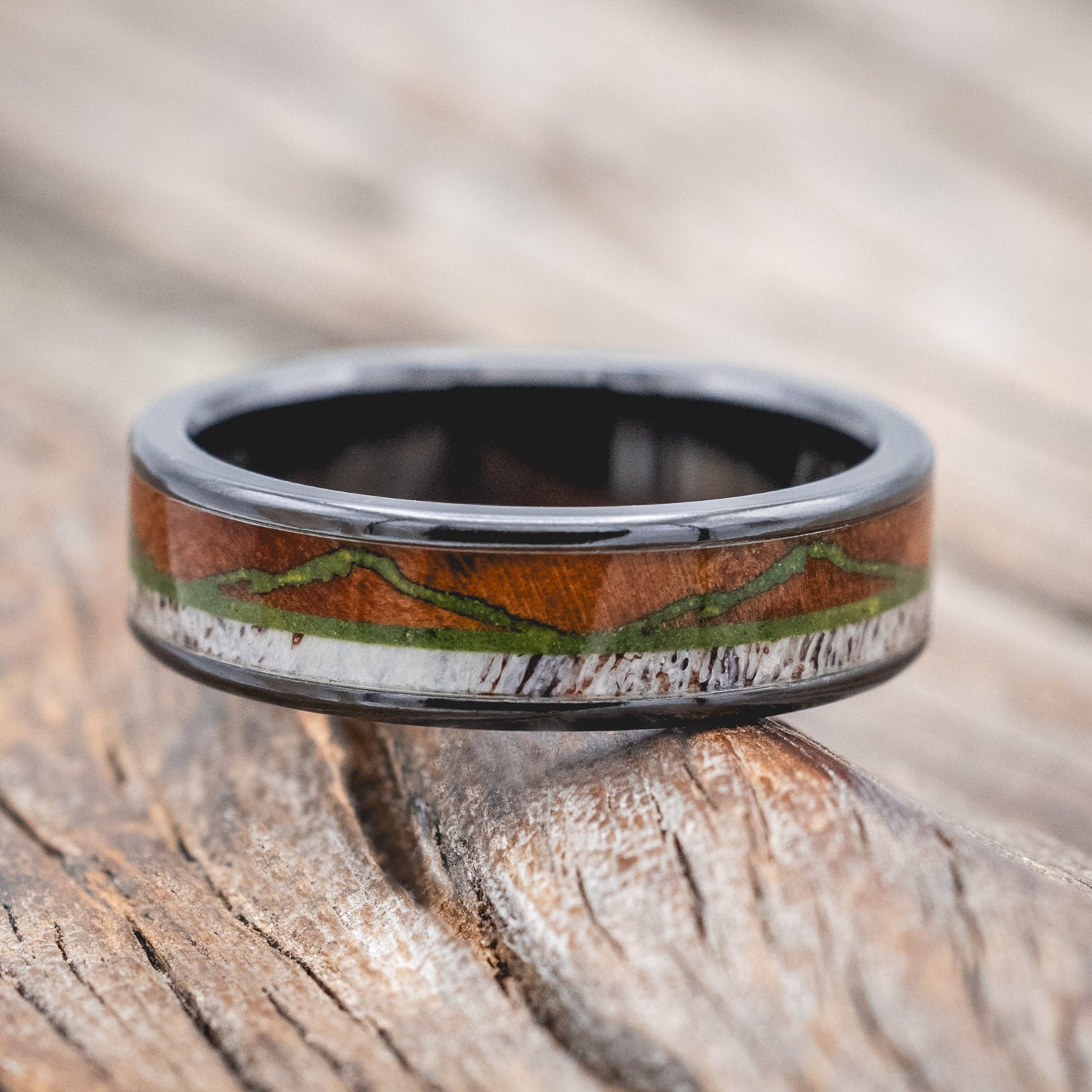 "THE EXPEDITION" - MOUNTAIN ENGRAVED WEDDING RING WITH REDWOOD, MOSS & ANTLER-Staghead Designs