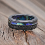 "TRITON" - WAVE ENGRAVED WEDDING BAND WITH PAUA SHELL INLAY & LINING-Staghead Designs