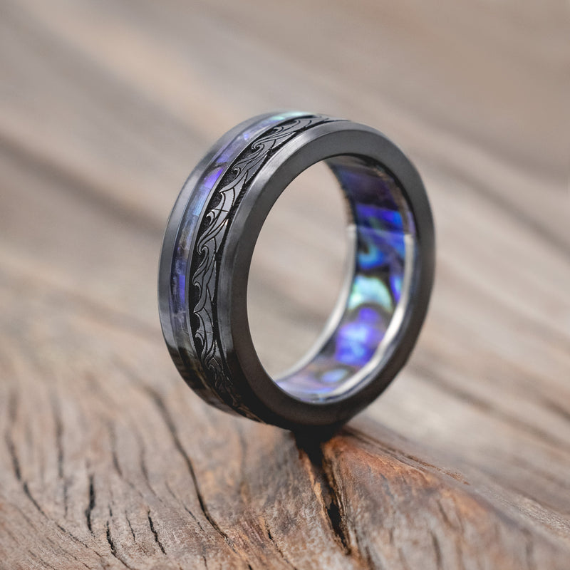 "TRITON" - WAVE ENGRAVED WEDDING BAND WITH PAUA SHELL INLAY & LINING-Staghead Designs