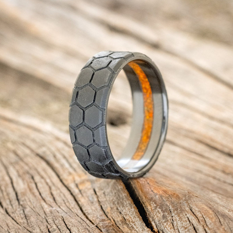 "ECHO" - HONEYCOMB ENGRAVED WEDDING RING FEATURING AN ORANGE OPAL LINING IN A SANDBLASTED FINISH