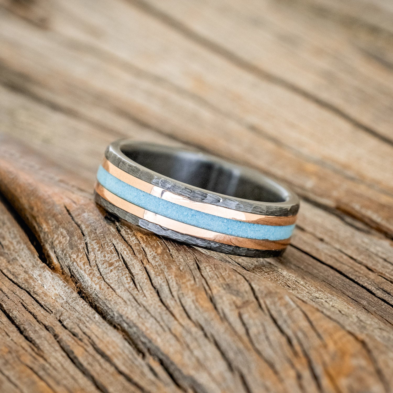 "Hollis" - Turquoise & 14K Yellow Gold Inlay Wedding Ring With Hammered Finish - Black Zirconium (6mm) - Size 9 1/2-Staghead Designs