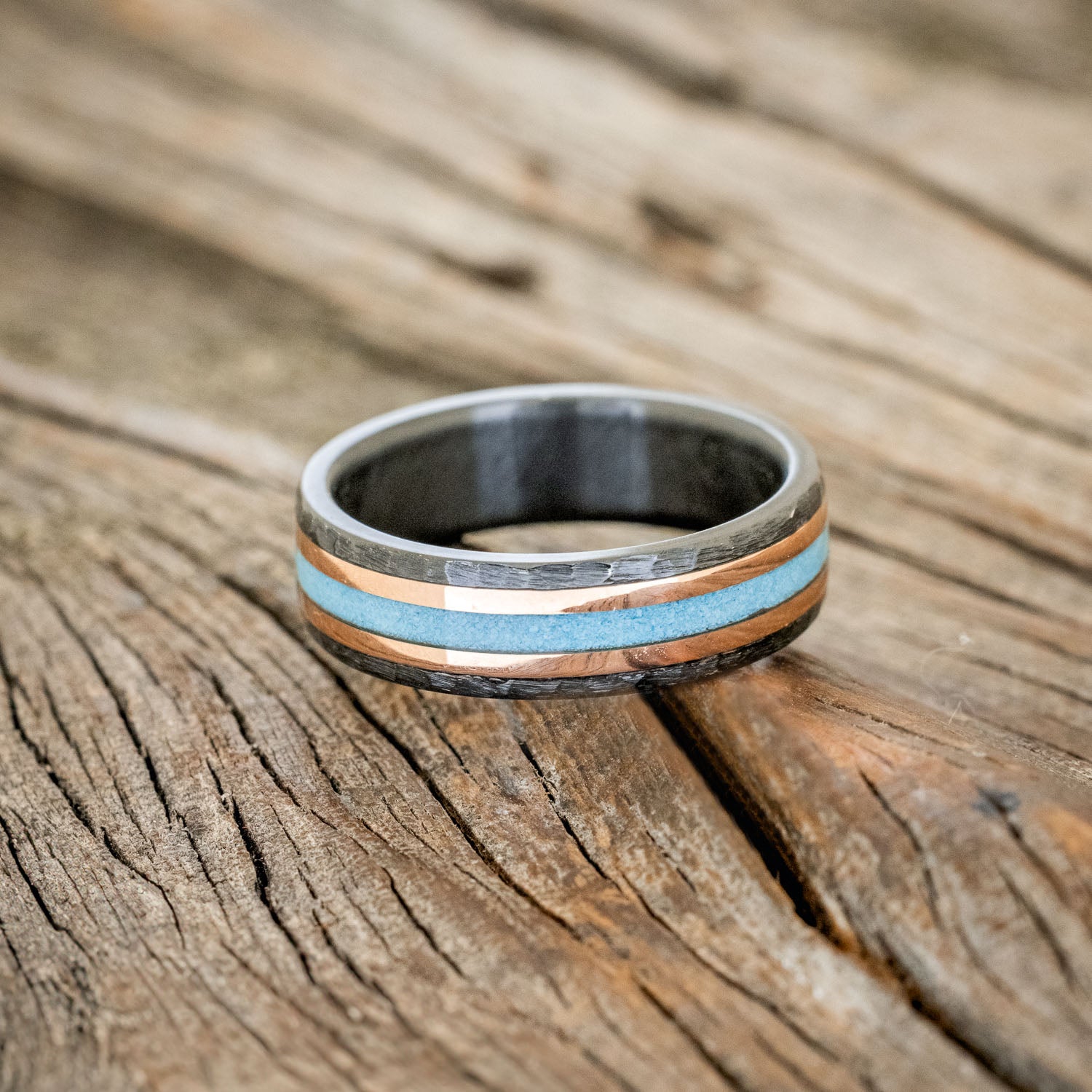 "Hollis" - Turquoise & 14K Yellow Gold Inlay Wedding Ring With Hammered Finish - Black Zirconium (6mm) - Size 9 1/2-Staghead Designs